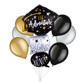 "The Adventure Begins Now" Stacked Graduation Cap Supershape Balloon Bouquet with Latex Balloons, Black/Gold/Silver, 7-pk, Helium Inflation & Ribbon Included Front_Flat