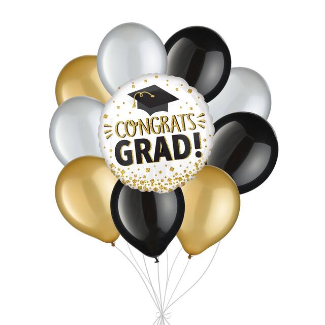 Bouquet de ballons scintillants «&nbsp;Congrats Grad!&nbsp;» avec ballons en latex noirs, dorés et argentés, paq. 10, gonflage à l’hélium et ruban inclus Front_Flat