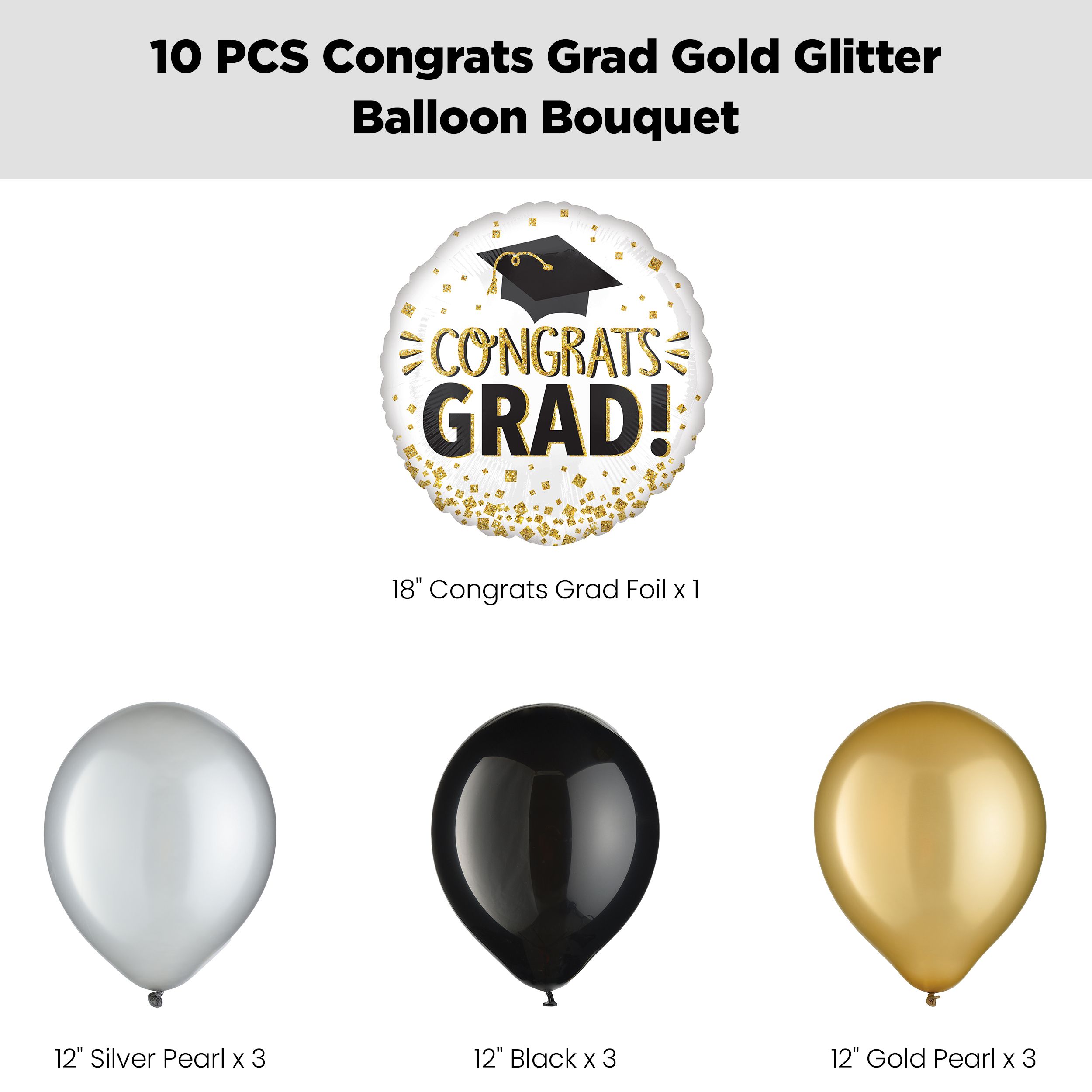 “Congrats Grad!” Glitter Balloon Bouquet with Latex Balloons, Black/Gold/Silver, 10-pk, Helium Inflation & Ribbon Included Front_Flat