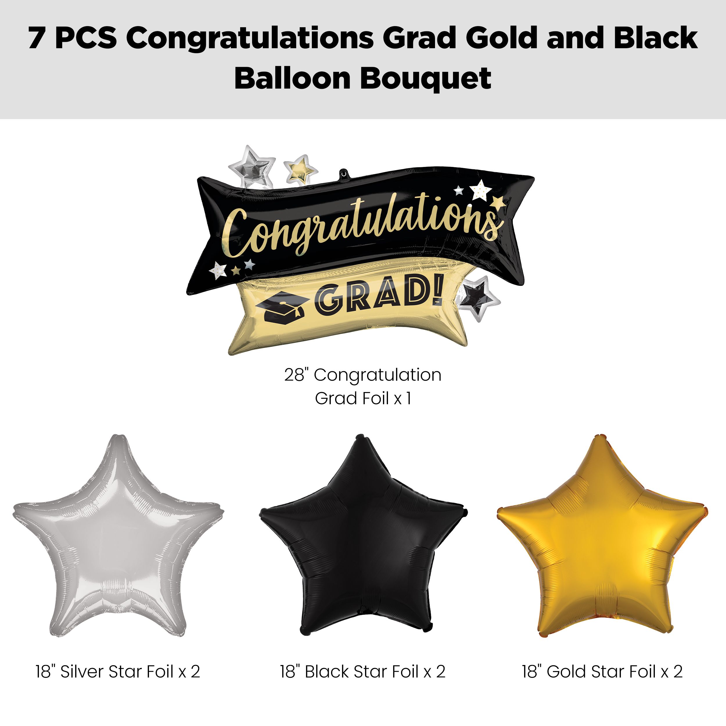 “Congratulations Grad!” Supershape Balloon Bouquet with Star Foil Balloons, Black/Gold/Silver, 7-pk, Helium Inflation & Ribbon Included Front_Flat