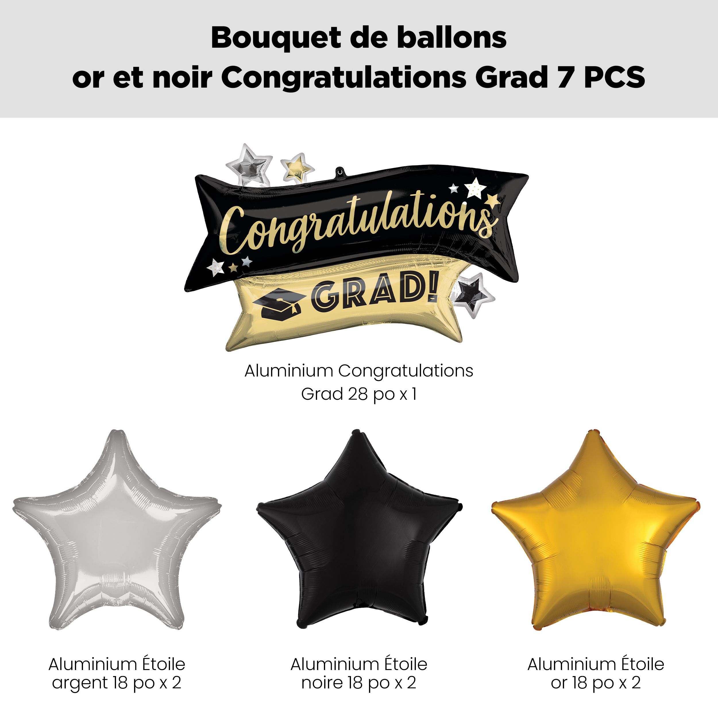 Bouquet de ballons en forme super «&nbsp;Congratulations Grad!&nbsp;» avec ballons étoiles en aluminium noirs, dorés et argentés, paq. 7, gonflage à l’hélium et ruban inclus Front_Flat