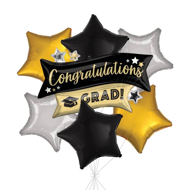 “Congratulations Grad!” Supershape Balloon Bouquet with Star Foil Balloons, Black/Gold/Silver, 7-pk, Helium Inflation & Ribbon Included Front_Flat