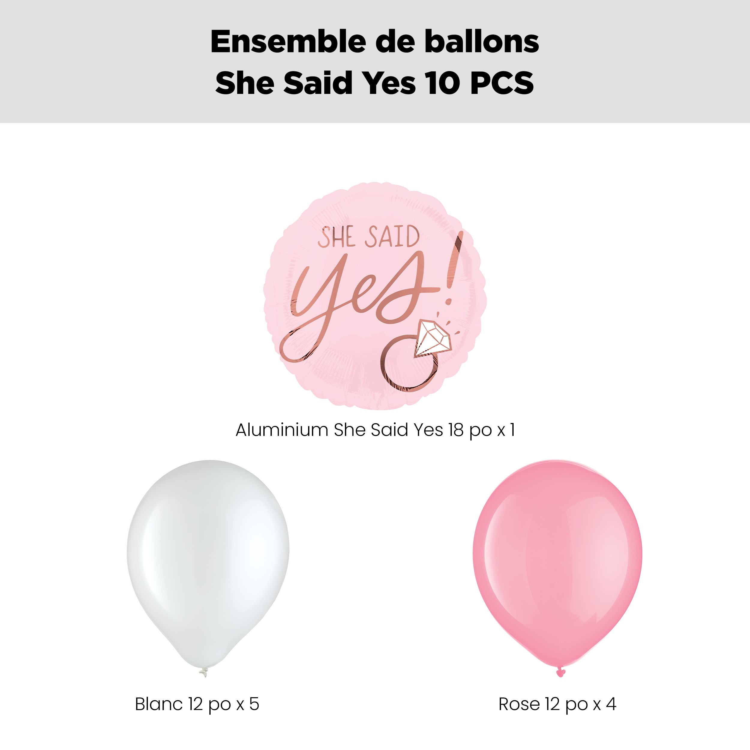 She Said Yes! Bouquet de ballons de mariage et fiançailles avec ballons en latex, rose/blanc, paq. 10, gonflage à l'hélium et ruban inclus Front_Flat