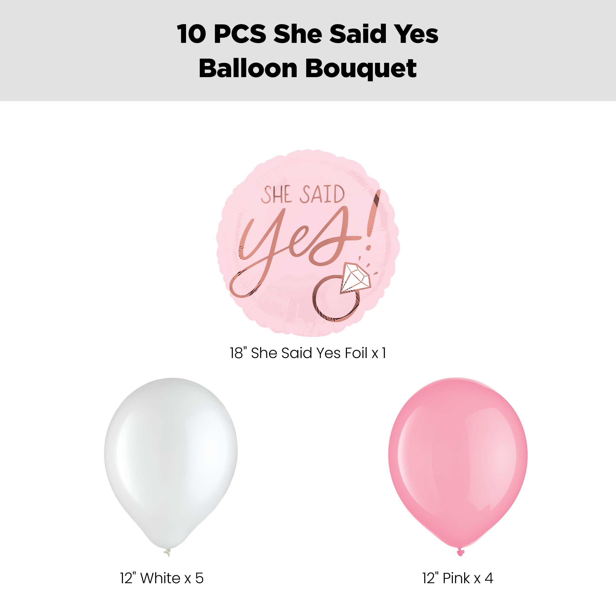 “She Said Yes!” Wedding Engagement Balloon Bouquet with Latex Balloons, Pink/White, 10-pk, Helium Inflation & Ribbon Included Front_Flat