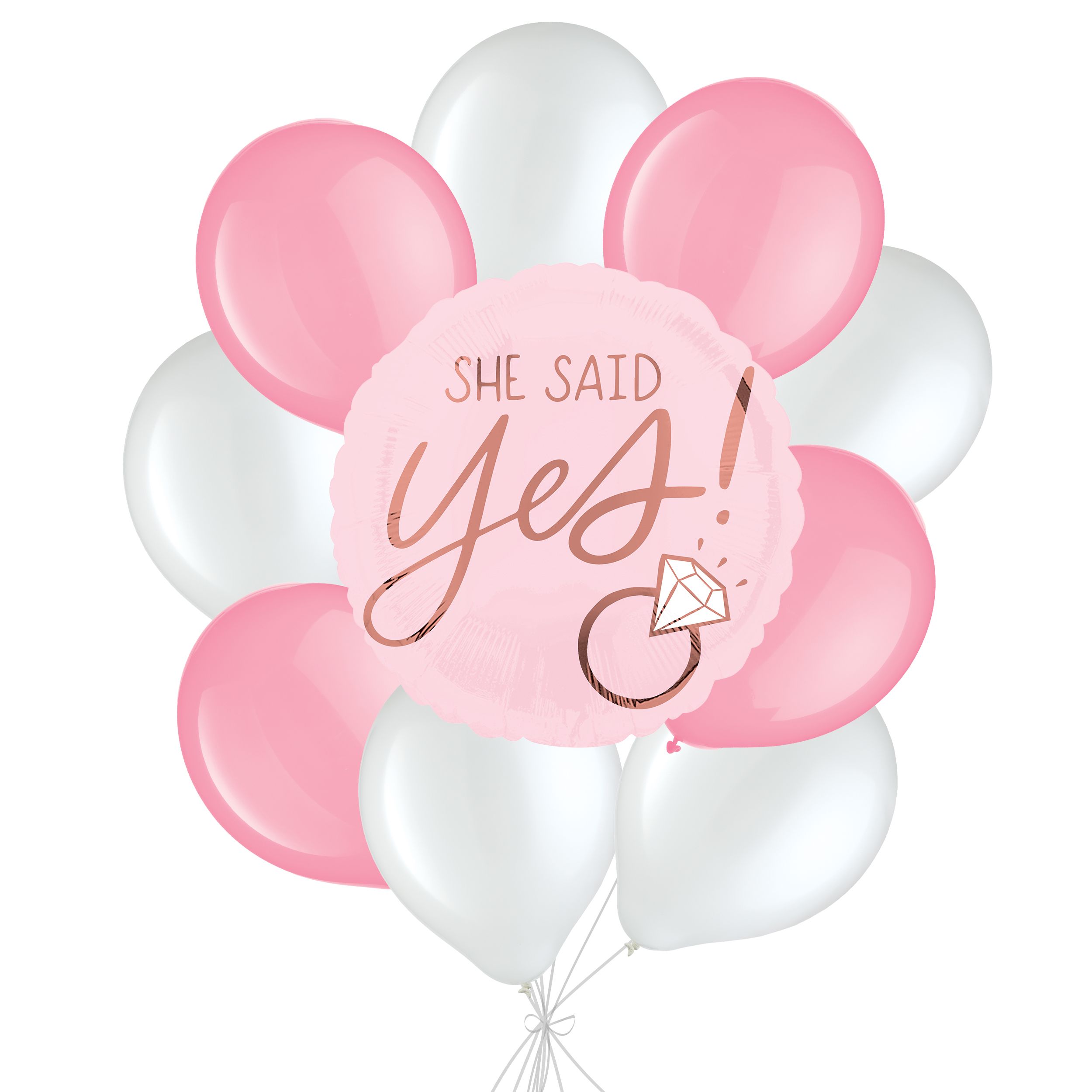 “She Said Yes!” Wedding Engagement Balloon Bouquet with Latex Balloons, Pink/White, 10-pk, Helium Inflation & Ribbon Included Front_Flat
