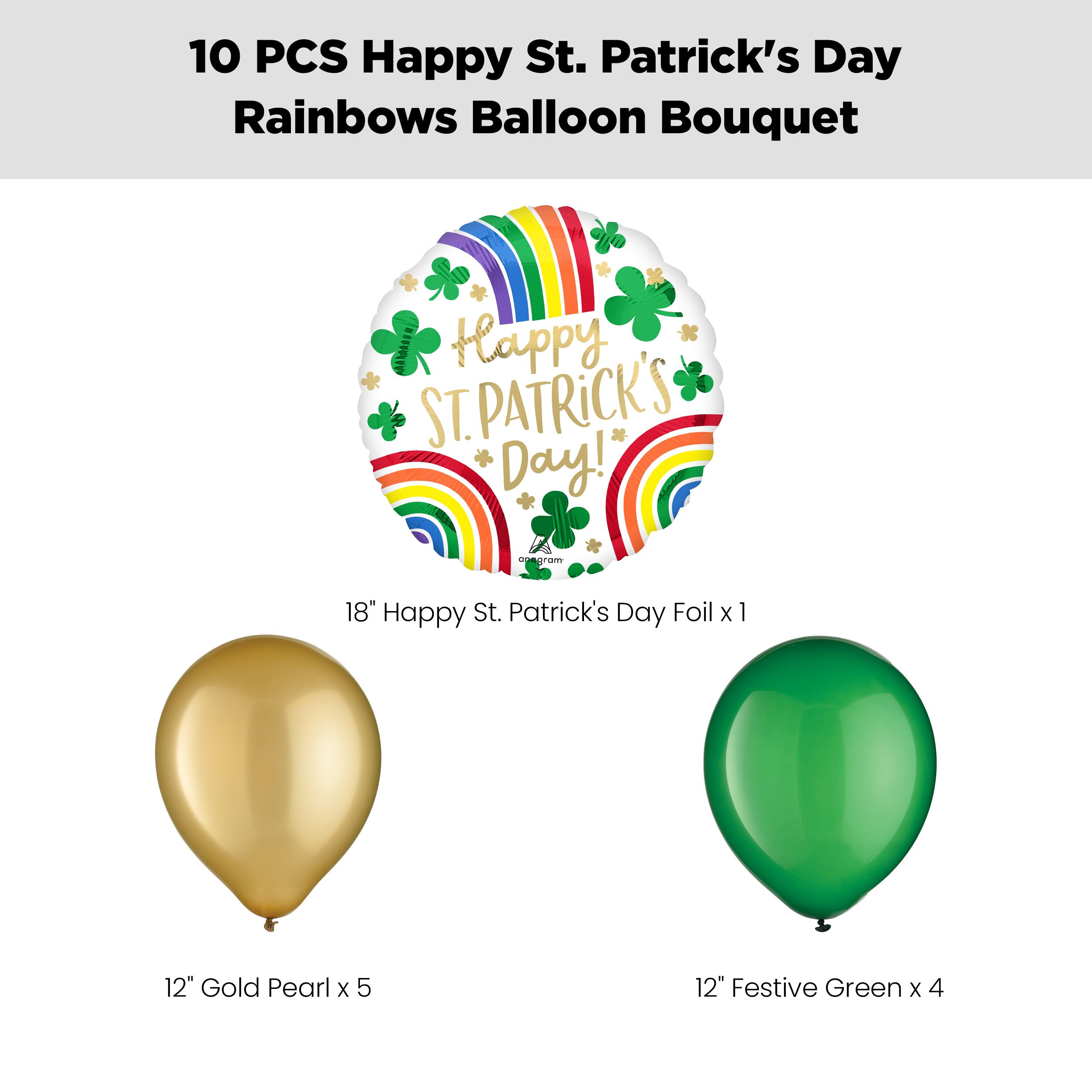 "Happy St. Patrick's Day!" Rainbows Balloon Bouquet with Latex Balloons, Festive Green/Gold,10-pk, Helium Inflation & Ribbon Included Front_Flat