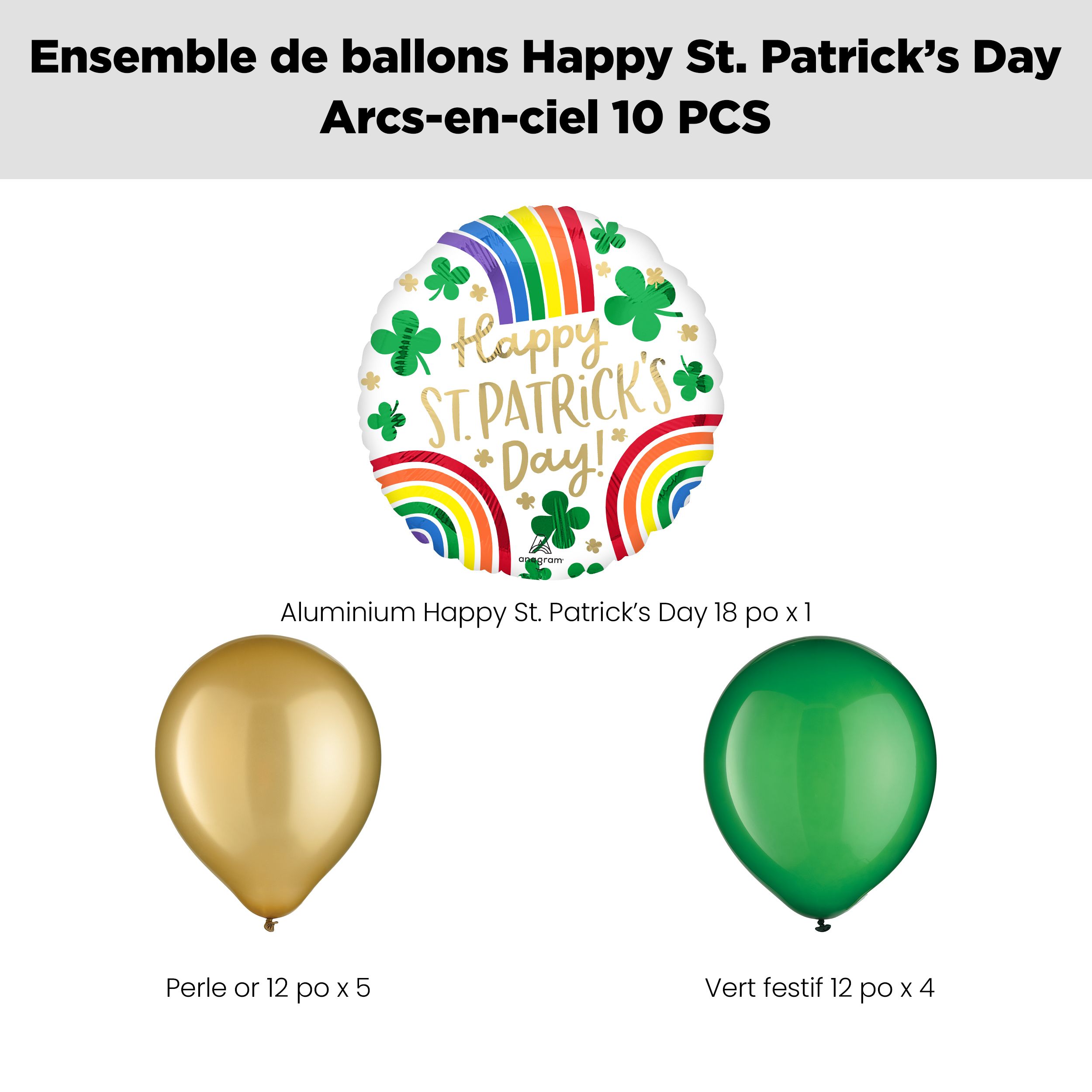 Bouquet de ballons «&nbsp;Happy St-Patrick's Day&nbsp;» arc-en-ciel avec ballons en latex vert festif/doré, paq. 10, gonflage à l'hélium et ruban inclus Front_Flat