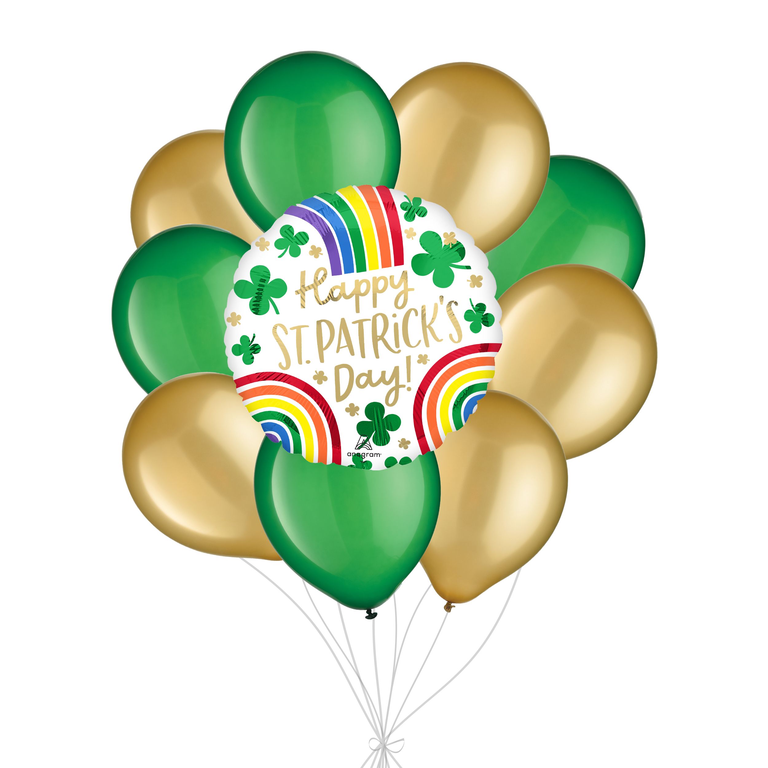 "Happy St. Patrick's Day!" Rainbows Balloon Bouquet with Latex Balloons, Festive Green/Gold,10-pk, Helium Inflation & Ribbon Included Front_Flat