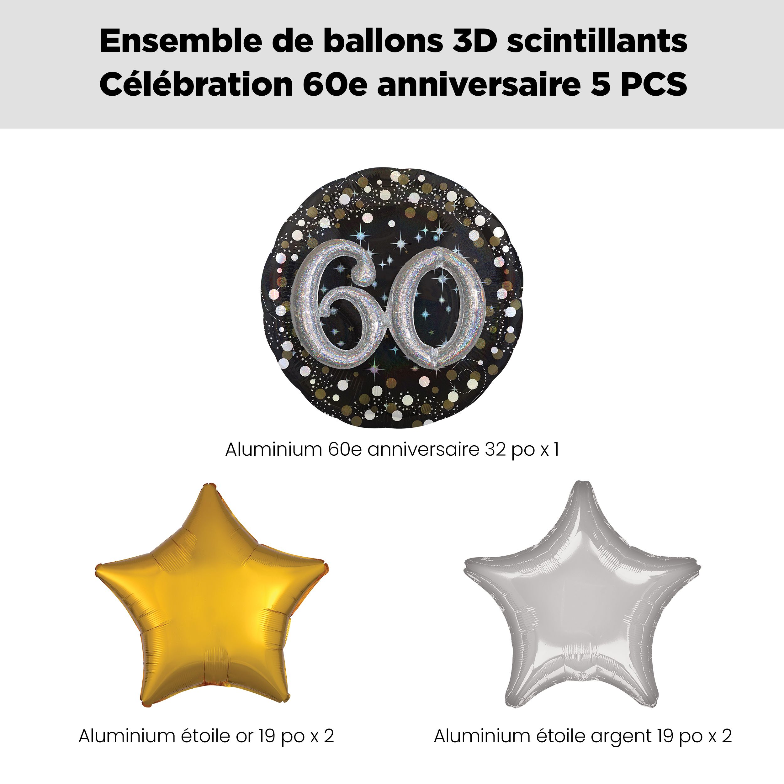 Bouquet de ballons géants 3D célébration étincelante 60 avec ballons en aluminium en forme d'étoile, doré/argenté, paq. 5, gonflage à l'hélium et ruban inclus Front_Flat