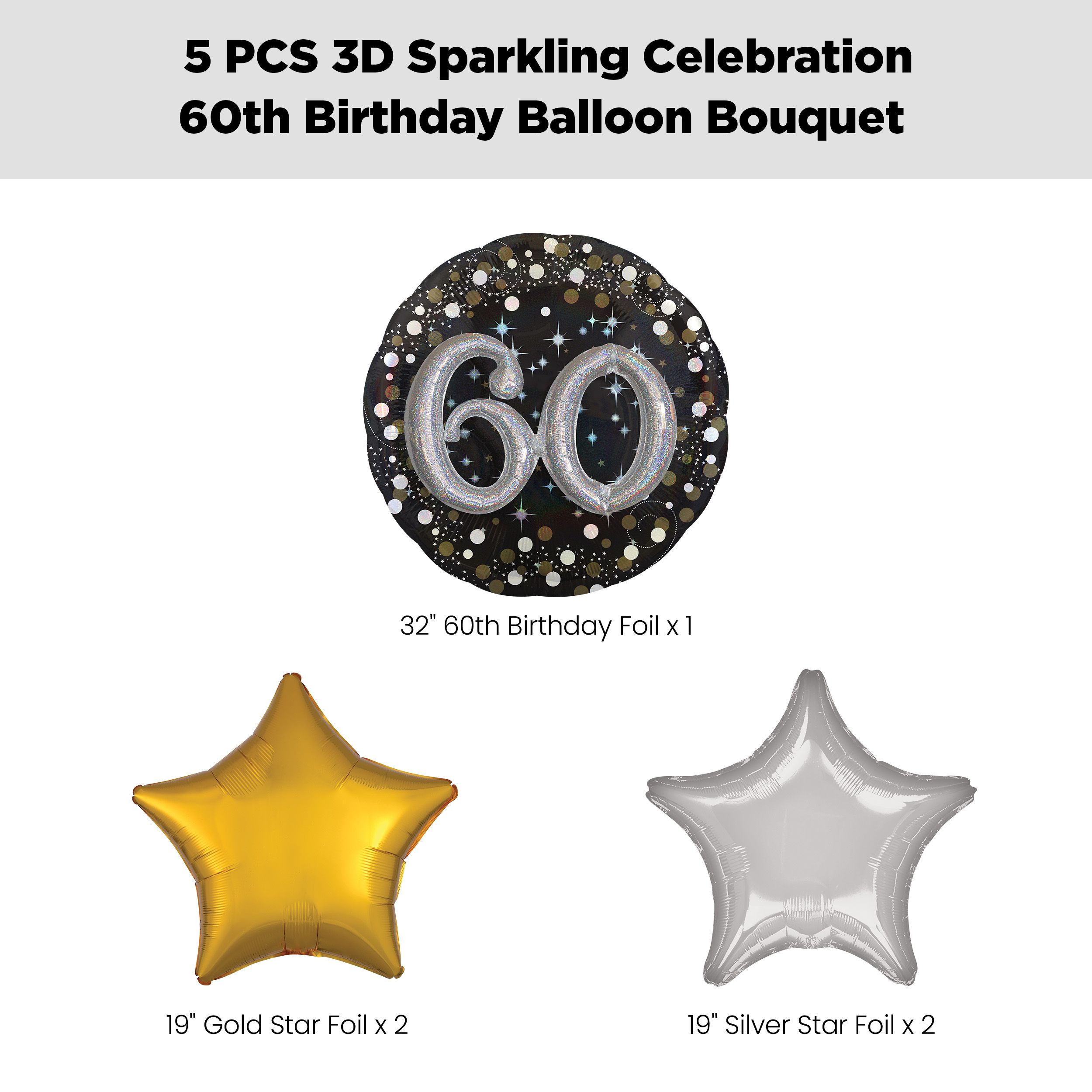 "60" 3D Sparkling Birthday Jumbo Balloon Bouquet with Star Foil Balloons, Gold/Silver, 5-pk, Helium Inflation & Ribbon Included Front_Flat