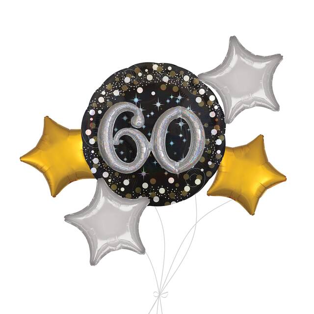 "60" 3D Sparkling Birthday Jumbo Balloon Bouquet with Star Foil Balloons, Gold/Silver, 5-pk, Helium Inflation & Ribbon Included Front_Flat