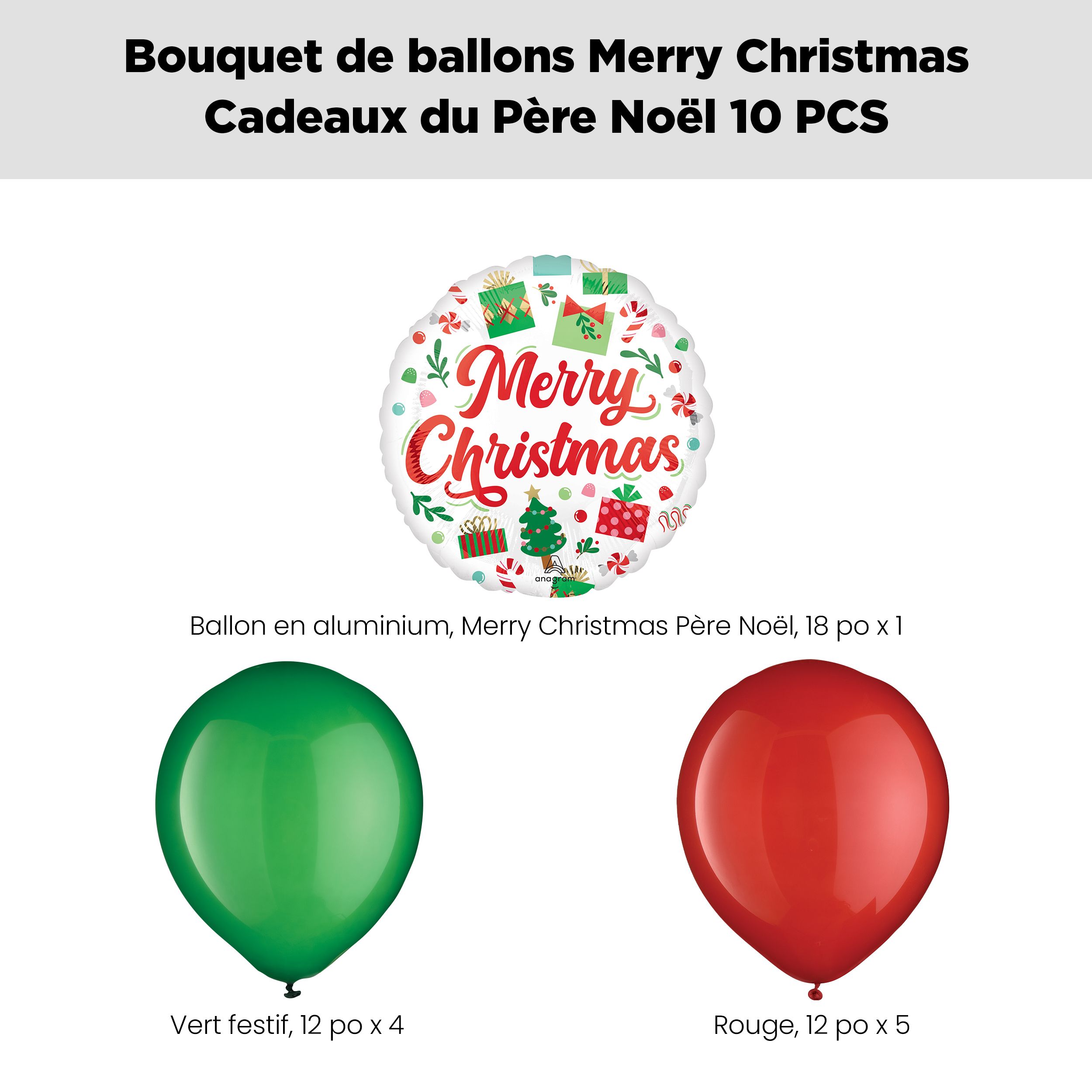 Bouquet de ballons Cadeaux du Père Noël Merry Christmas avec ballons en latex, rouge/vert festif, paq. 10, gonflement à l'hélium et ruban inclus Front_Flat
