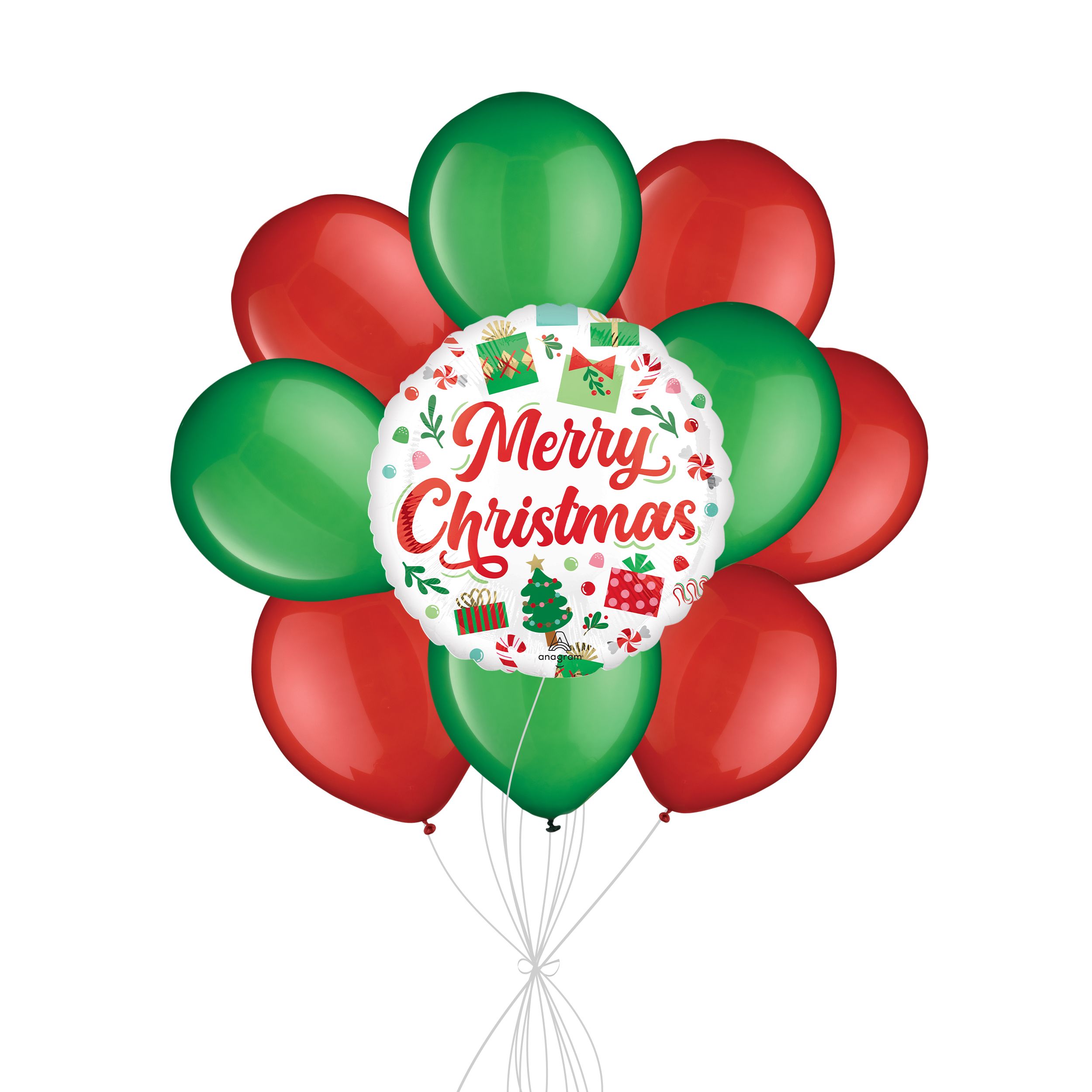"Merry Christmas" Santa Presents Balloon Bouquet with Latex Balloons, Red/Festival Green, 10-pk, Helium Inflation & Ribbon Included Front_Flat