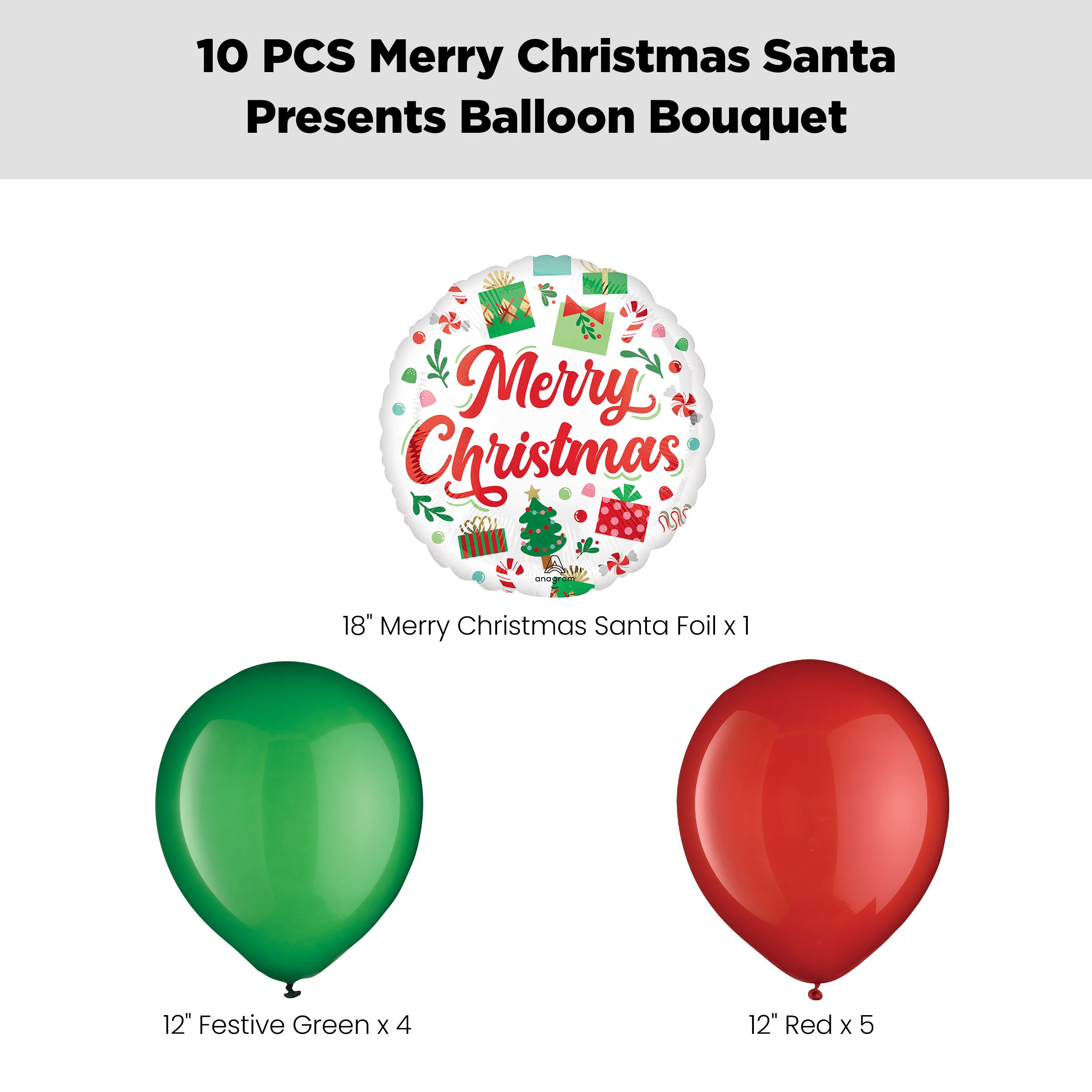 "Merry Christmas" Santa Presents Balloon Bouquet with Latex Balloons, Red/Festival Green, 10-pk, Helium Inflation & Ribbon Included Front_Flat