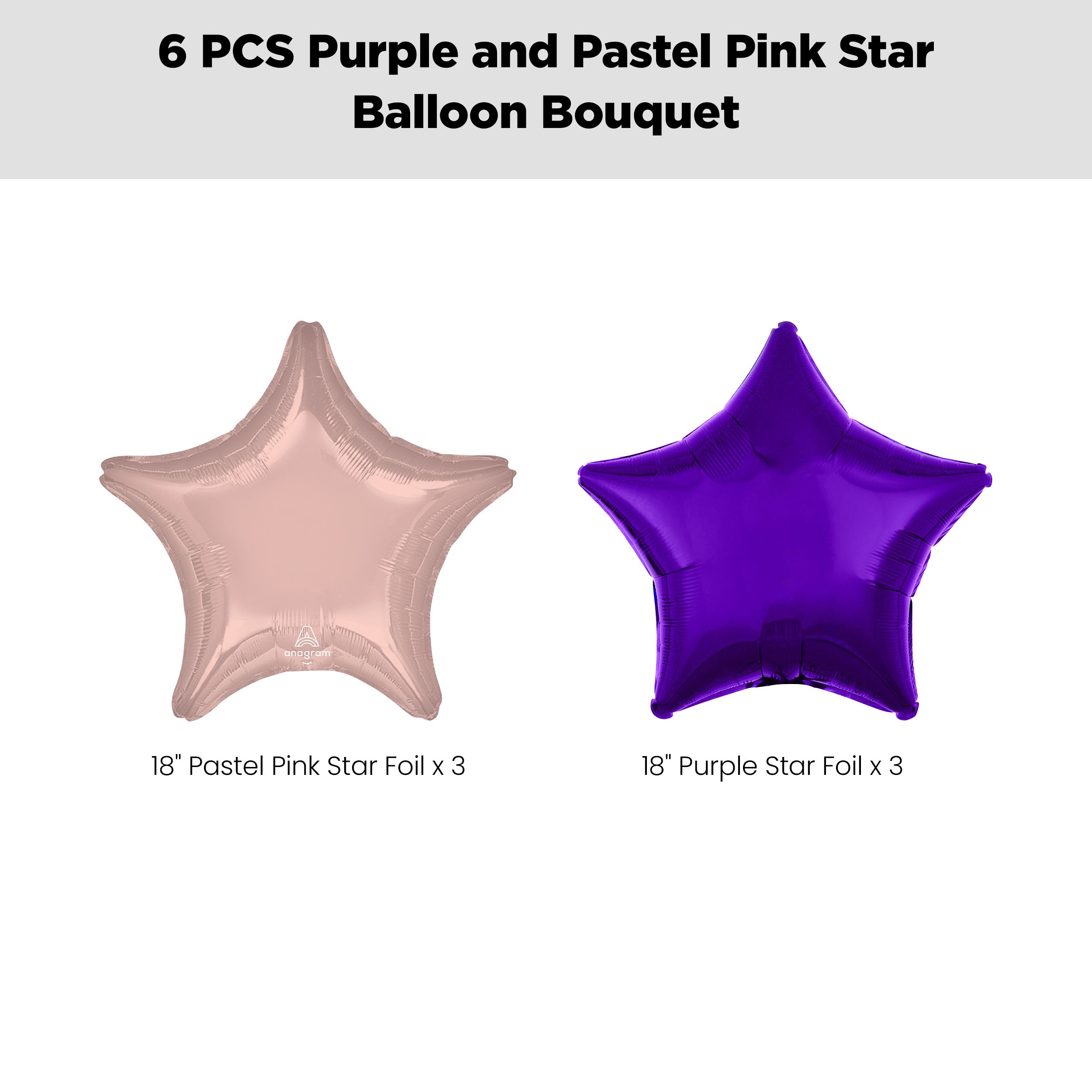 Star Foil Balloon Bouquet, Purple/Pastel Pink, 6-pk, Helium Inflation & Ribbon Included for Birthday/Special Occasion Front_Flat