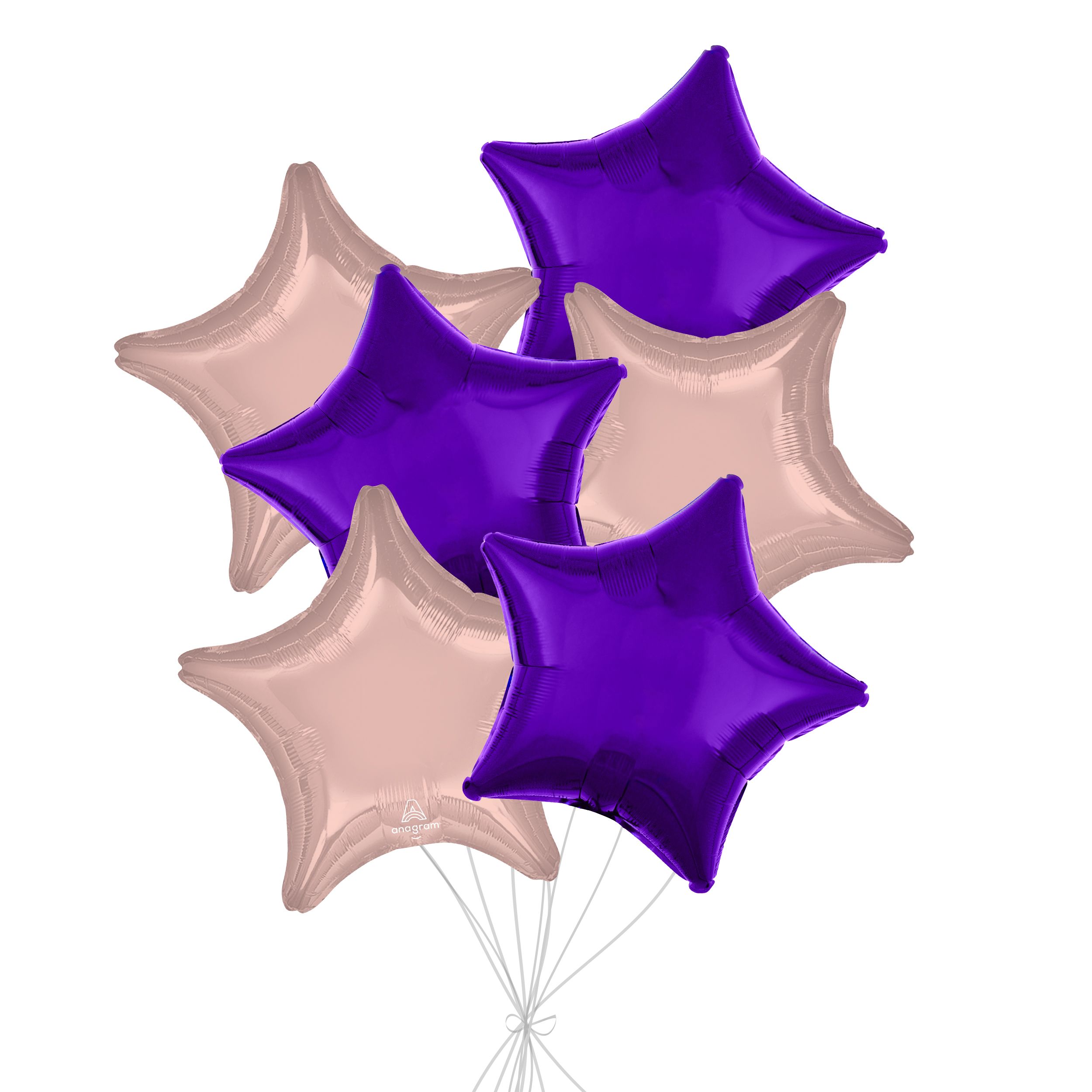 Star Foil Balloon Bouquet, Purple/Pastel Pink, 6-pk, Helium Inflation & Ribbon Included for Birthday/Special Occasion Front_Flat