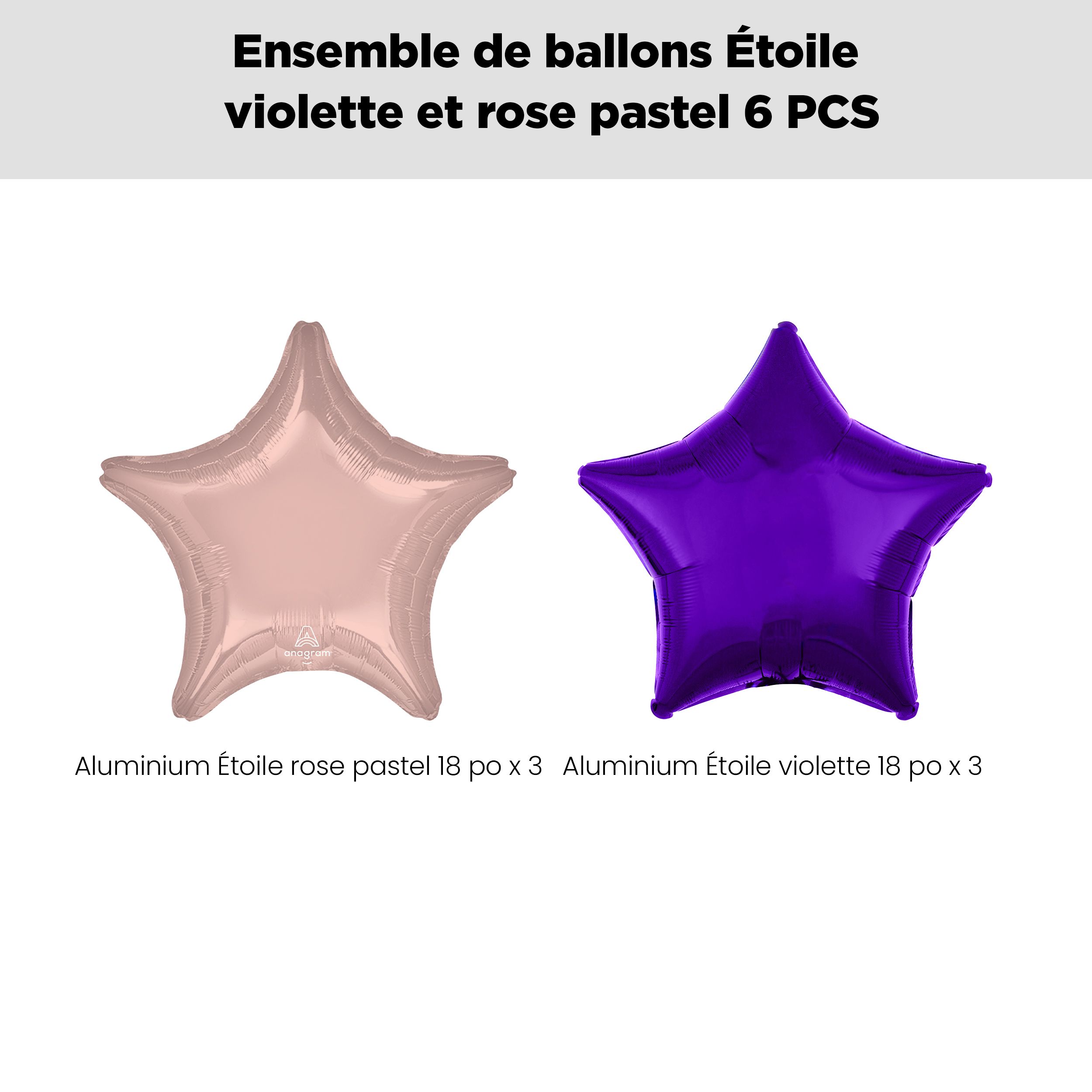 Bouquet de ballons en aluminium, violet/rose pastel, paq.&nbsp;6, gonflage à l'hélium et ruban inclus pour anniversaire/occasion spéciale Front_Flat