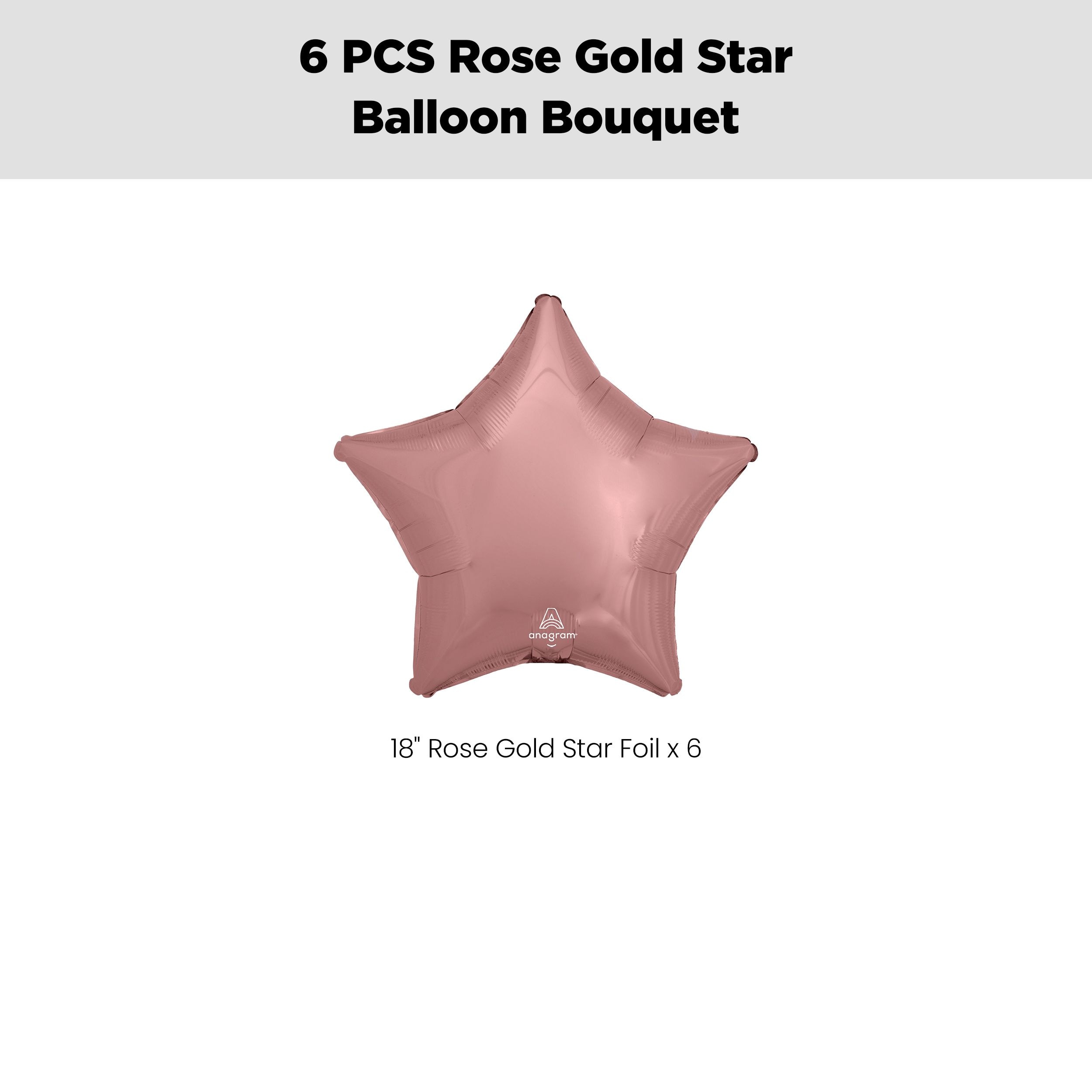 Star Foil Balloon Bouquet, Rose Gold, 6-pk, Helium Inflation & Ribbon Included for Birthday/Special Occasion Front_Flat