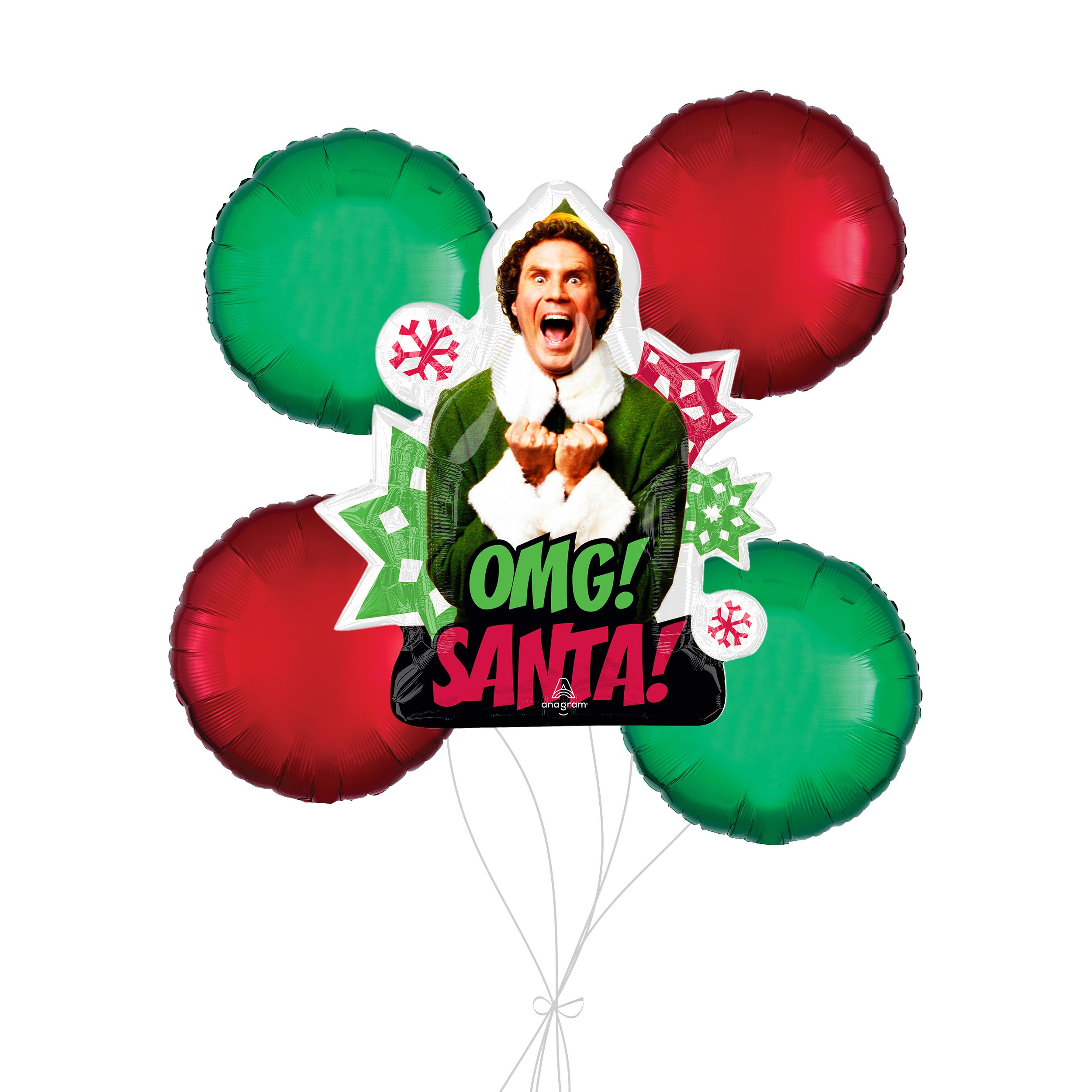 "OMG! Santa!" Elf Supershape Balloon Bouquet with Round Foil Balloons, Red/Green, 5-pk, Helium Inflation & Ribbon Included for Christmas Front_Flat