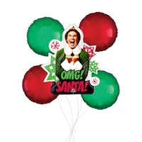 "OMG! Santa!" Elf Supershape Balloon Bouquet with Round Foil Balloons, Red/Green, 5-pk, Helium Inflation & Ribbon Included for Christmas