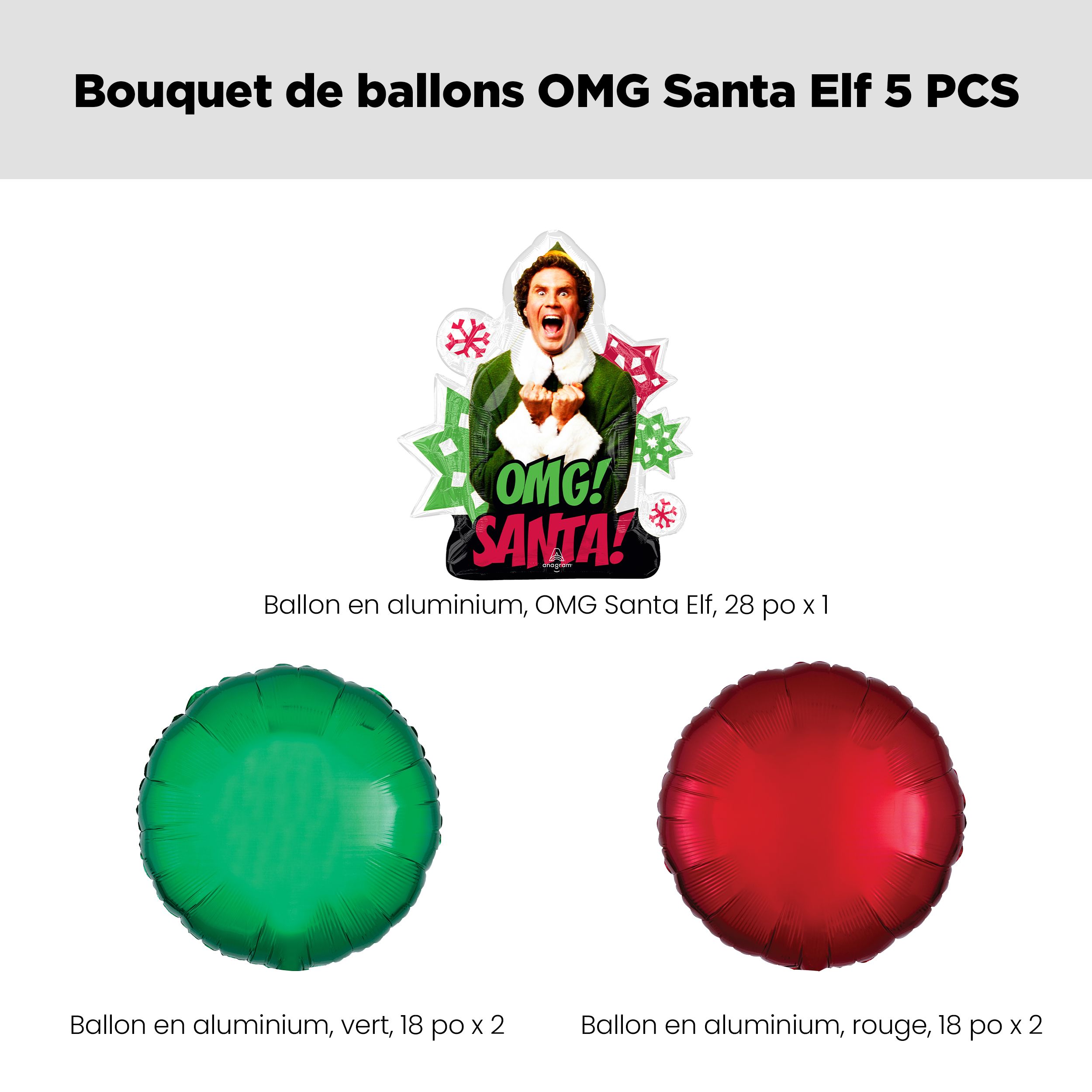 OMG! Santa! Bouquet de ballon de forme extraordinaire lutin avec ballons ronds en aluminium, rouge/vert, 5 pièces, gonflement à l'hélium et ruban inclus, pour Noël Front_Flat