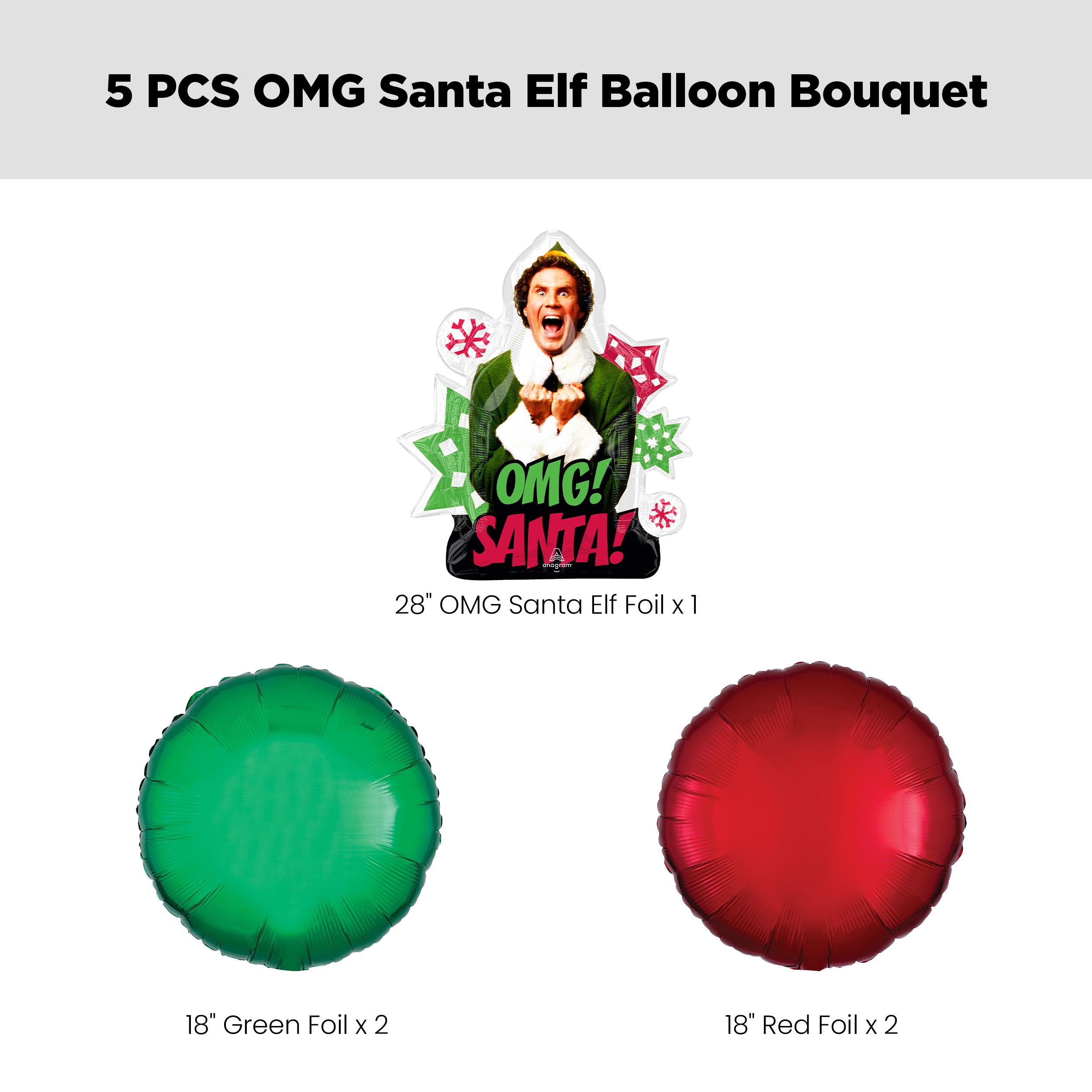 "OMG! Santa!" Elf Supershape Balloon Bouquet with Round Foil Balloons, Red/Green, 5-pk, Helium Inflation & Ribbon Included for Christmas Front_Flat