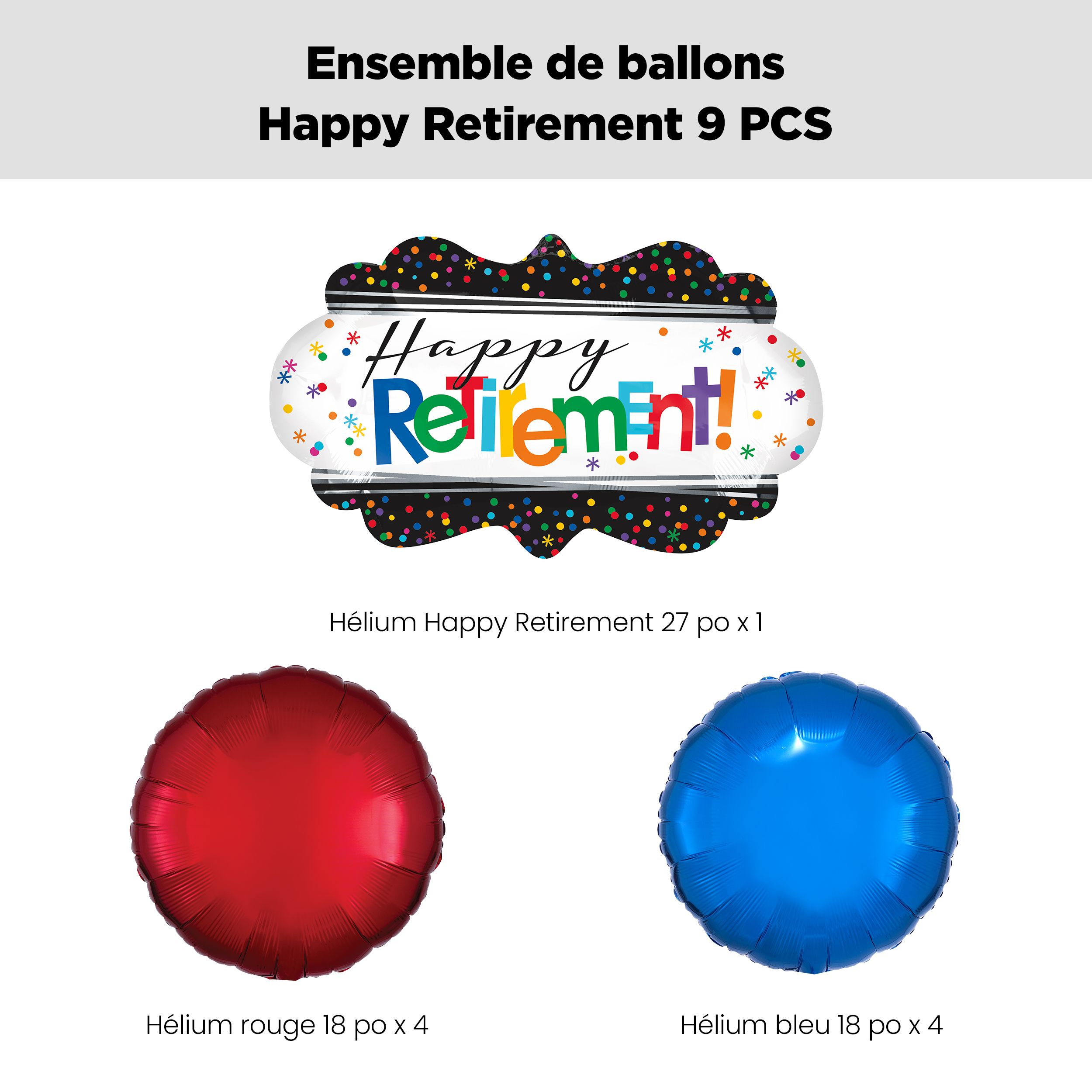 Bouquet de ballons géants standard de 18 po Happy Retirement avec ballons ronds métalliques rouges et bleus de 18 po, paq. 9, gonflage à l’hélium et ruban inclus Front_Flat