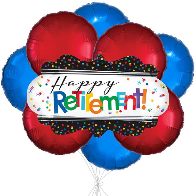 Bouquet de ballons géants standard de 18 po Happy Retirement avec ballons ronds métalliques rouges et bleus de 18 po, paq. 9, gonflage à l’hélium et ruban inclus Front_Flat