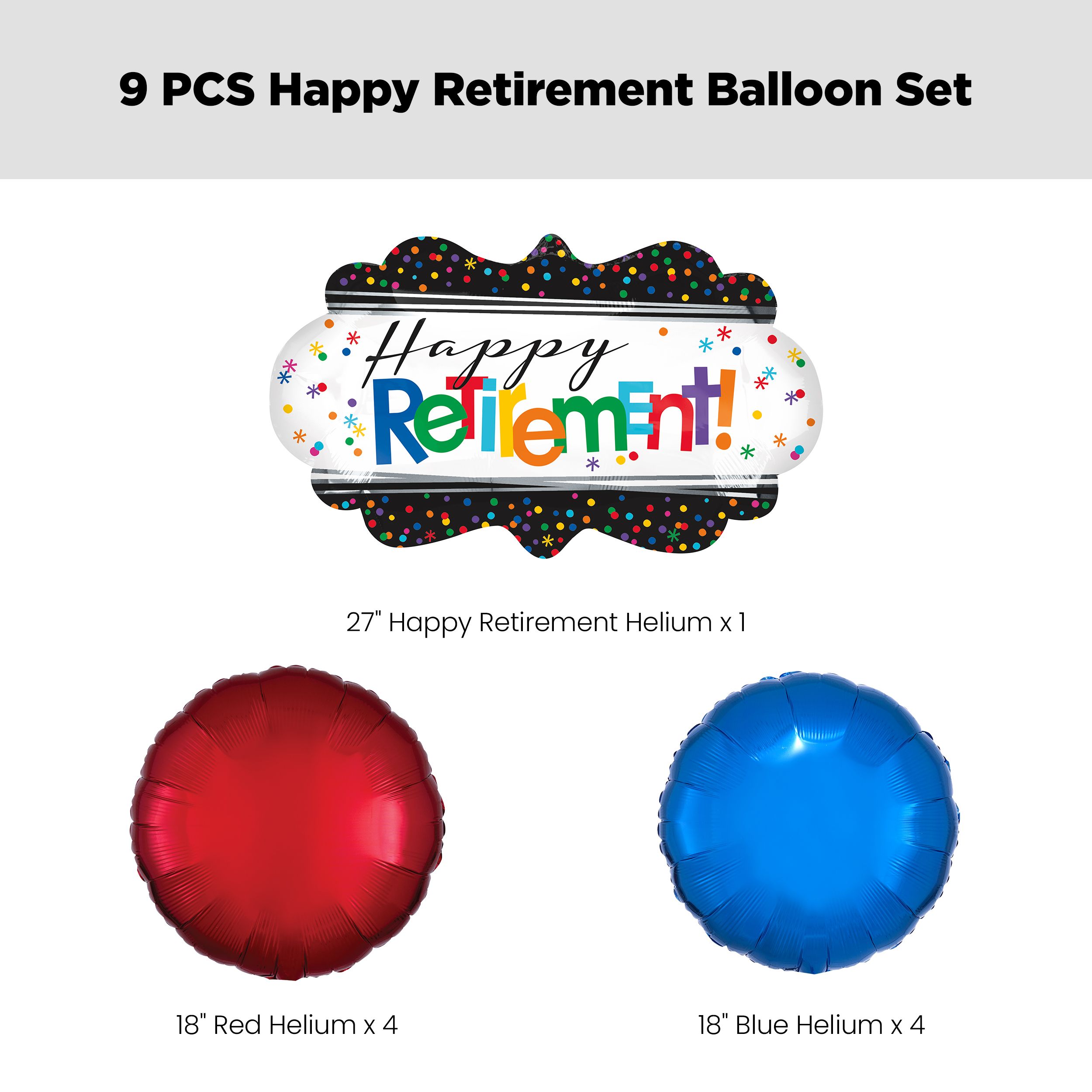 "Happy Retirement" Round Polka Dot Satin Foil Supershape Balloon Bouquet with Foil Balloons, Multi-Coloured, 9-pk, Helium Inflation & Ribbon Included Front_Flat