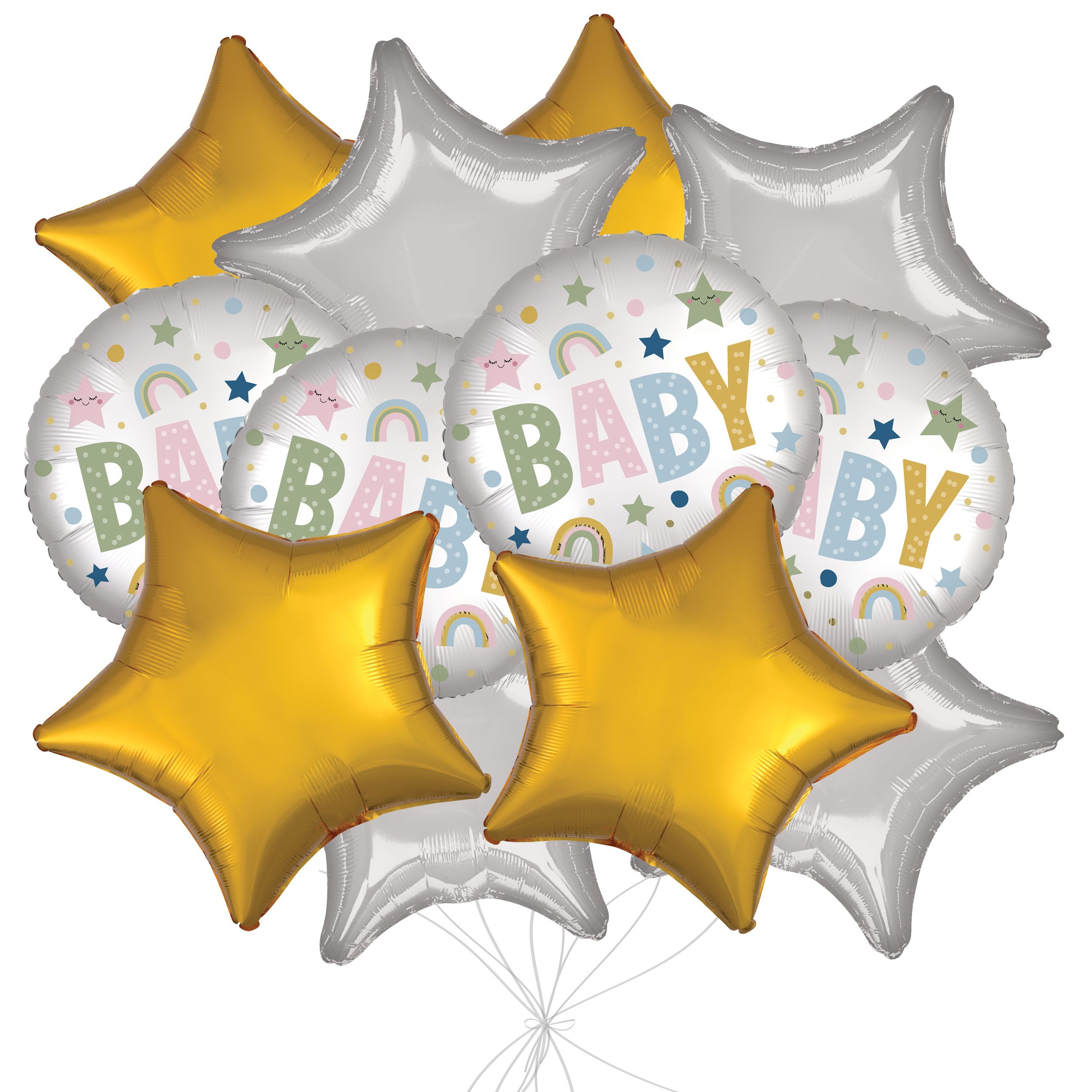 Bouquet de ballons Baby à motifs d'étoiles et d'arc-en-ciel avec ballons en aluminium étoiles dorées et argentées, paq. 12, gonflage à l'hélium et ruban inclus pour fête prénatale Front_Flat
