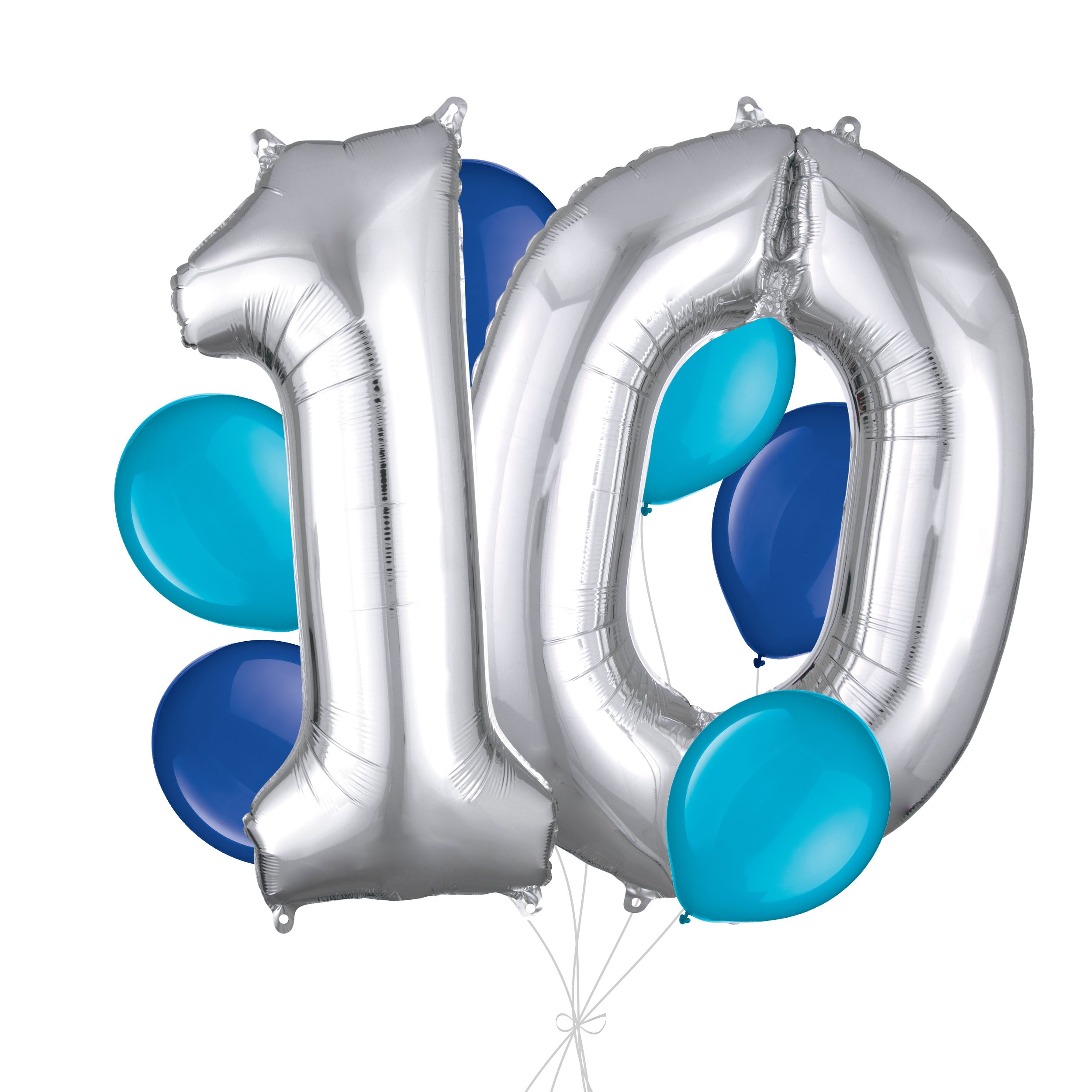 Number "10" Silver Balloon Bouquet with Latex Balloons, Caribbean Blue/Royal Blue, 8-pk, Helium Inflation & Ribbon Included for Birthday/Anniversary Front_Flat
