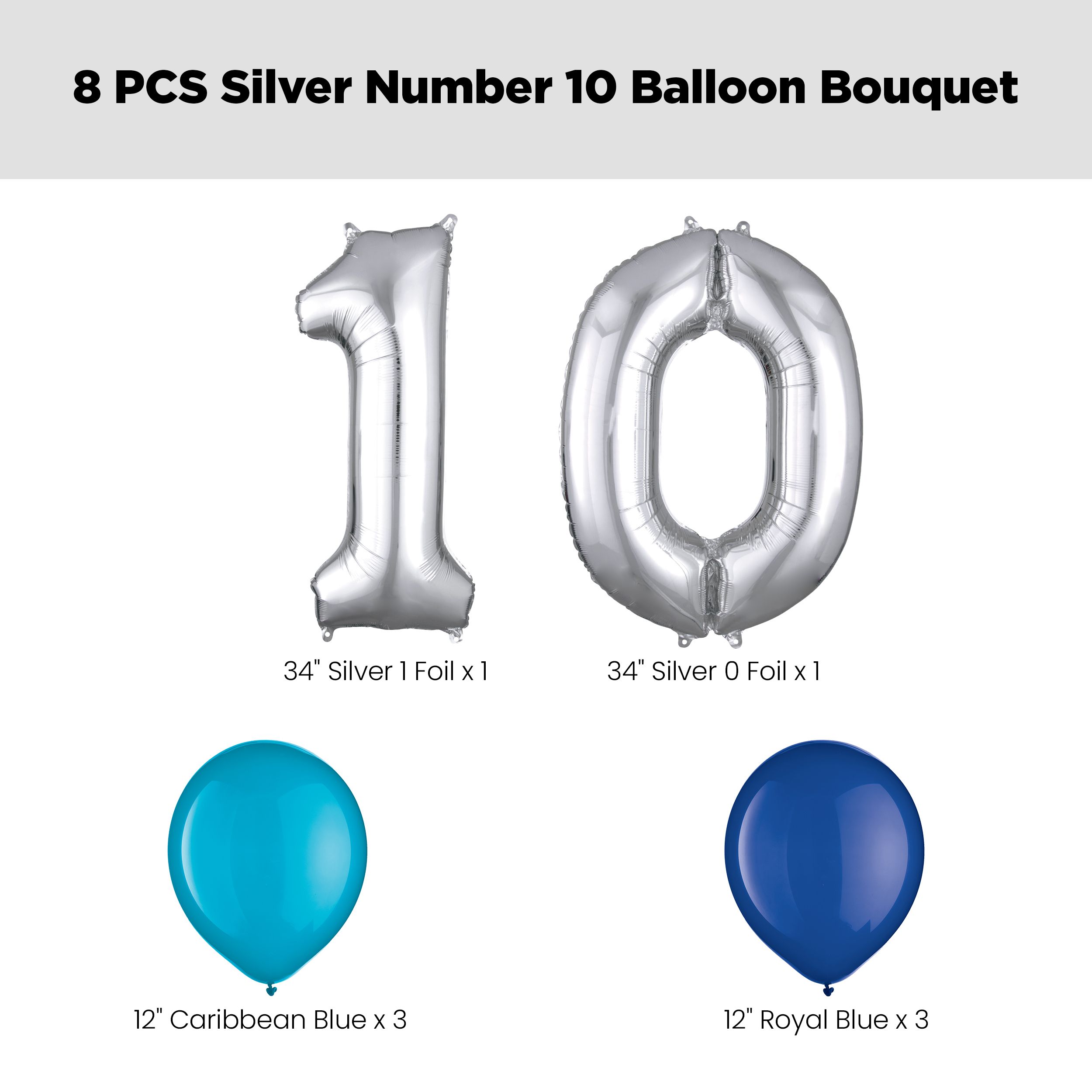 Number "10" Silver Balloon Bouquet with Latex Balloons, Caribbean Blue/Royal Blue, 8-pk, Helium Inflation & Ribbon Included for Birthday/Anniversary Front_Flat