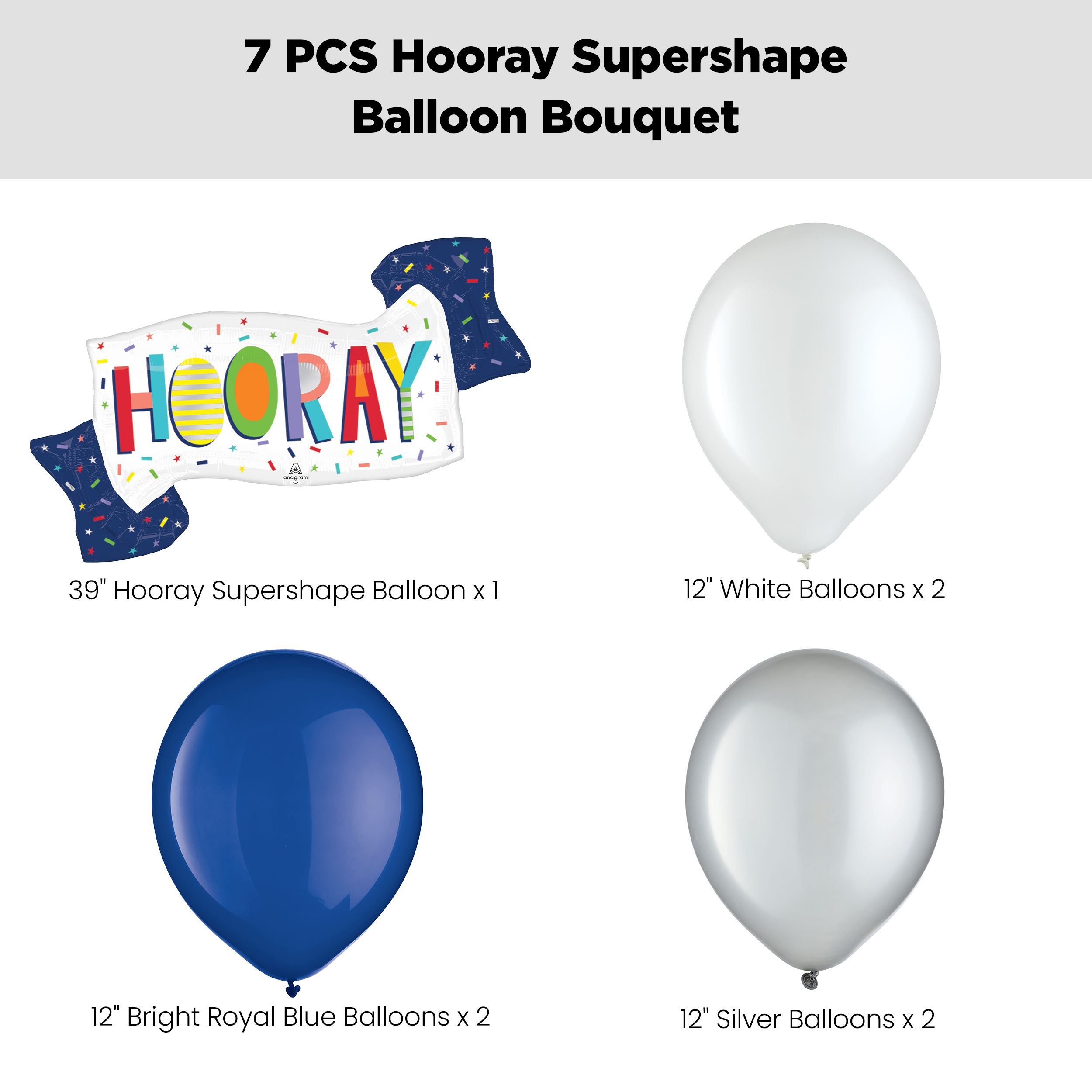 "Hooray" Supershape Balloon Bouquet with Latex Balloons, White/Royal Blue/Silver, 7-pk, Helium Inflation & Ribbon Included for Retirement/Birthday/Special Occasion Front_Flat