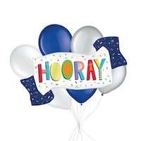 Bouquet avec ballon Supershape « Hooray » et ballons en latex, blanc, bleu royal et argent, paq. 7, gonflage à l’hélium et ruban inclus, pour retraite/anniversaire/occasion spéciale Front_Flat