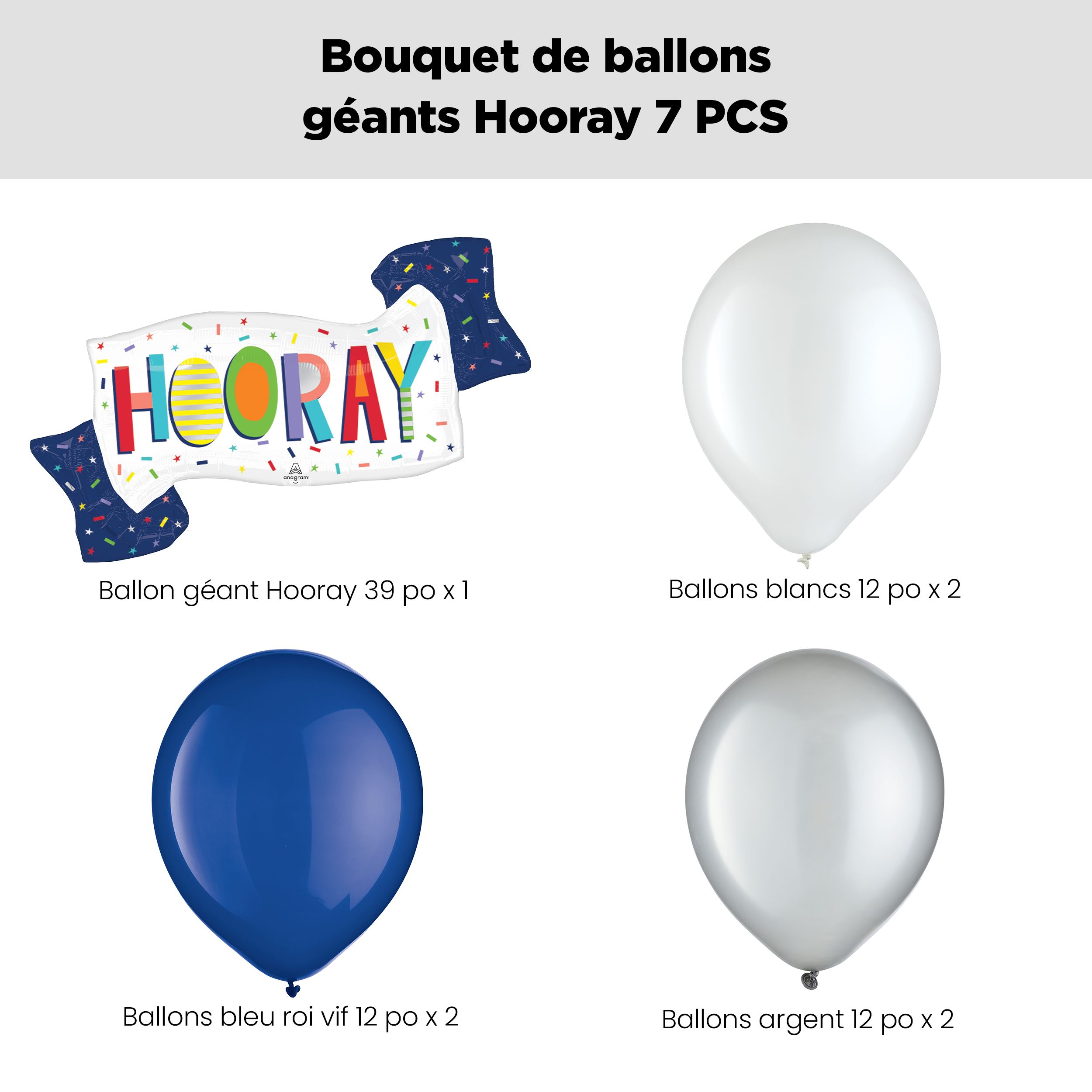Bouquet avec ballon Supershape « Hooray » et ballons en latex, blanc, bleu royal et argent, paq. 7, gonflage à l’hélium et ruban inclus, pour retraite/anniversaire/occasion spéciale Front_Flat