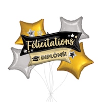 “Félicitations Diplôme!” French Congratulations Grad! Supershape Balloon Bouquet with Star Foil Balloons, Gold/Black/Silver, 5-pk, Helium Inflation & Ribbon Included Front_Flat