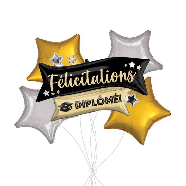 “Félicitations Diplôme!” French Congratulations Grad! Supershape Balloon Bouquet with Star Foil Balloons, Gold/Black/Silver, 5-pk, Helium Inflation & Ribbon Included Front_Flat