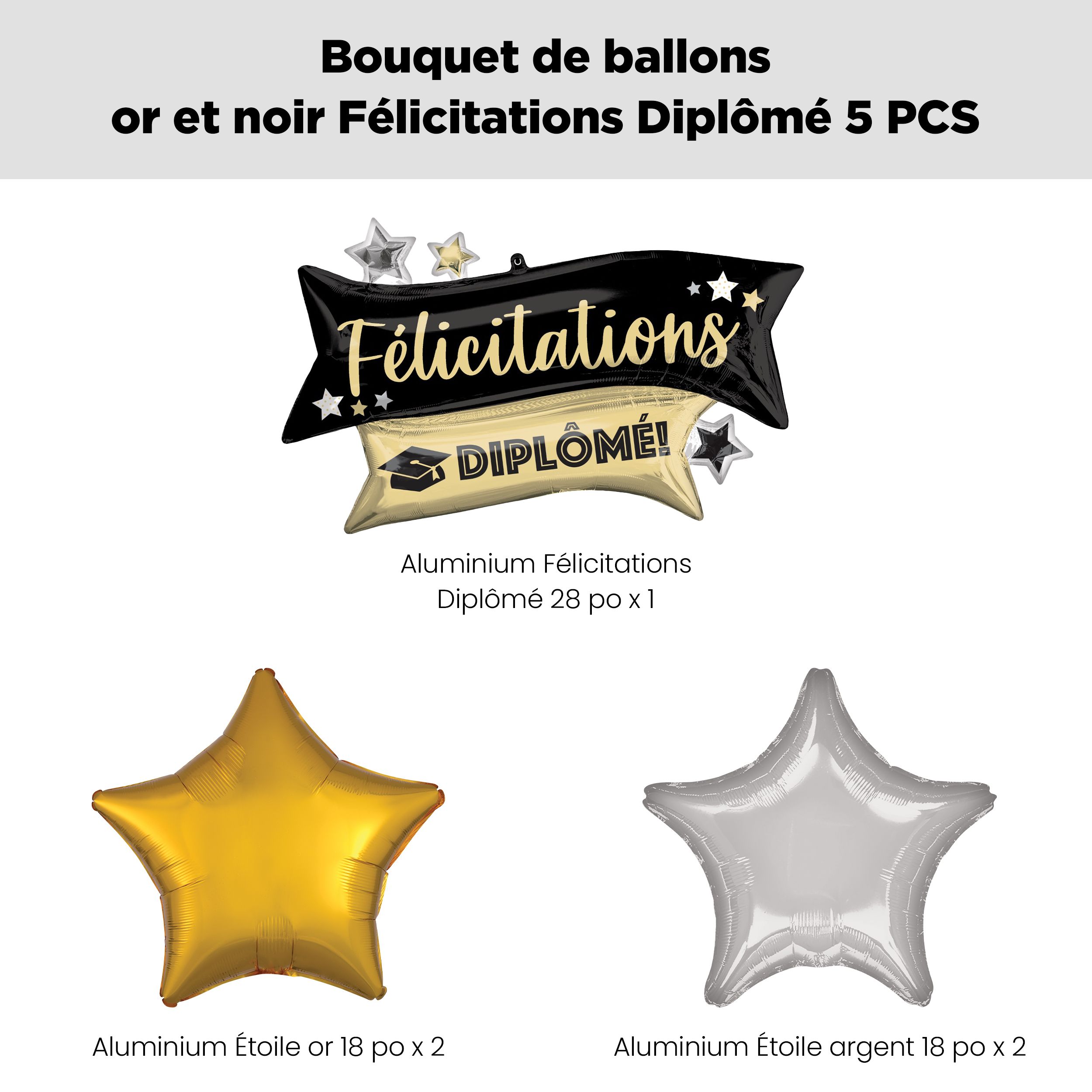 Bouquet de ballons scintillants «&nbsp;Félicitations Diplôme!&nbsp;» «&nbsp;Congrats Grad!&nbsp;» avec ballons étoiles en aluminium dorés, noirs et argentés, paq. 5, gonflage à l’hélium et ruban inclus Front_Flat