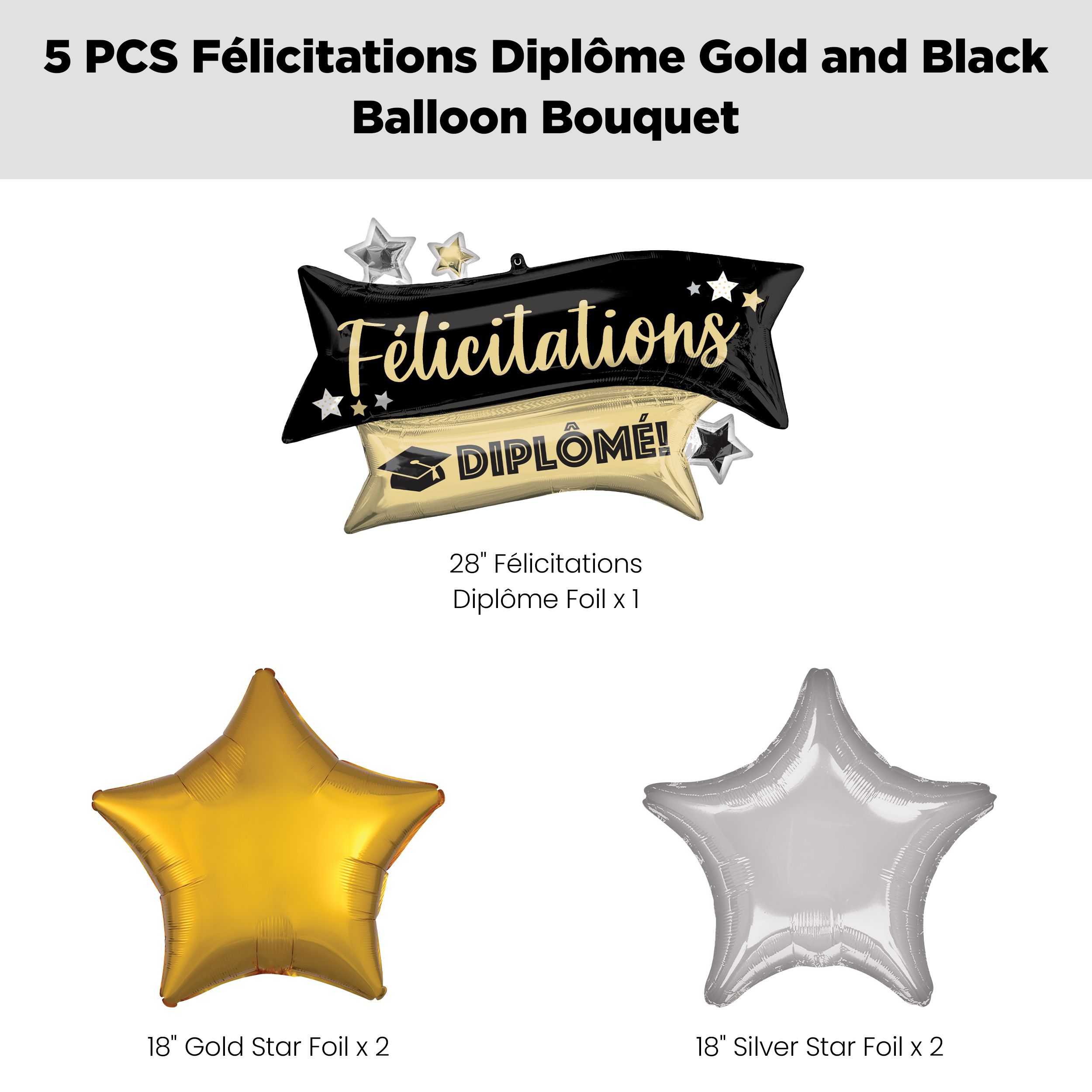 “Félicitations Diplôme!” French Congratulations Grad! Supershape Balloon Bouquet with Star Foil Balloons, Gold/Black/Silver, 5-pk, Helium Inflation & Ribbon Included Front_Flat