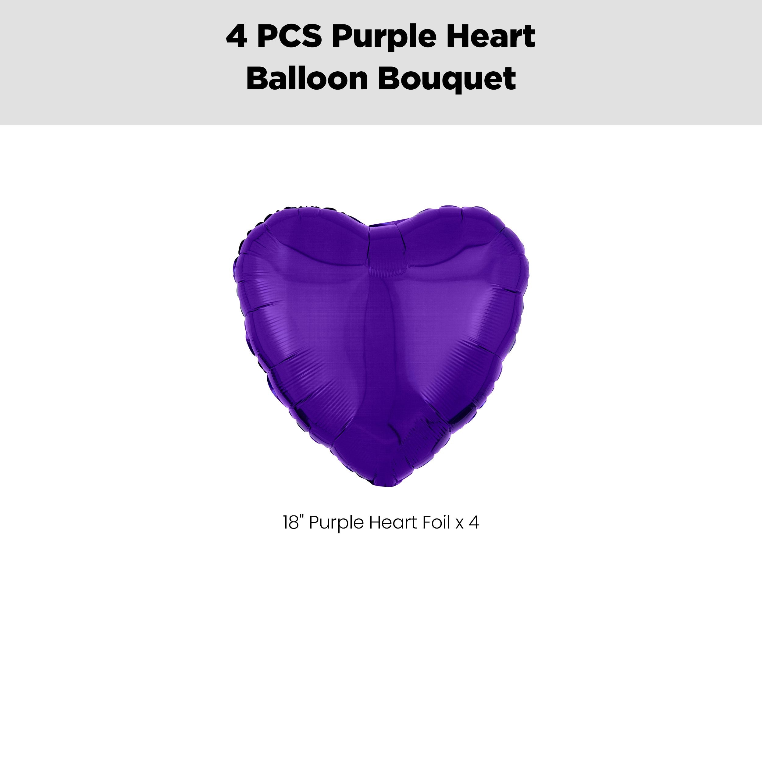 Heart Foil Balloon Bouquet, Purple, 4-pk, Helium Inflation & Ribbon Included for Birthday/Special Occasion Front_Flat