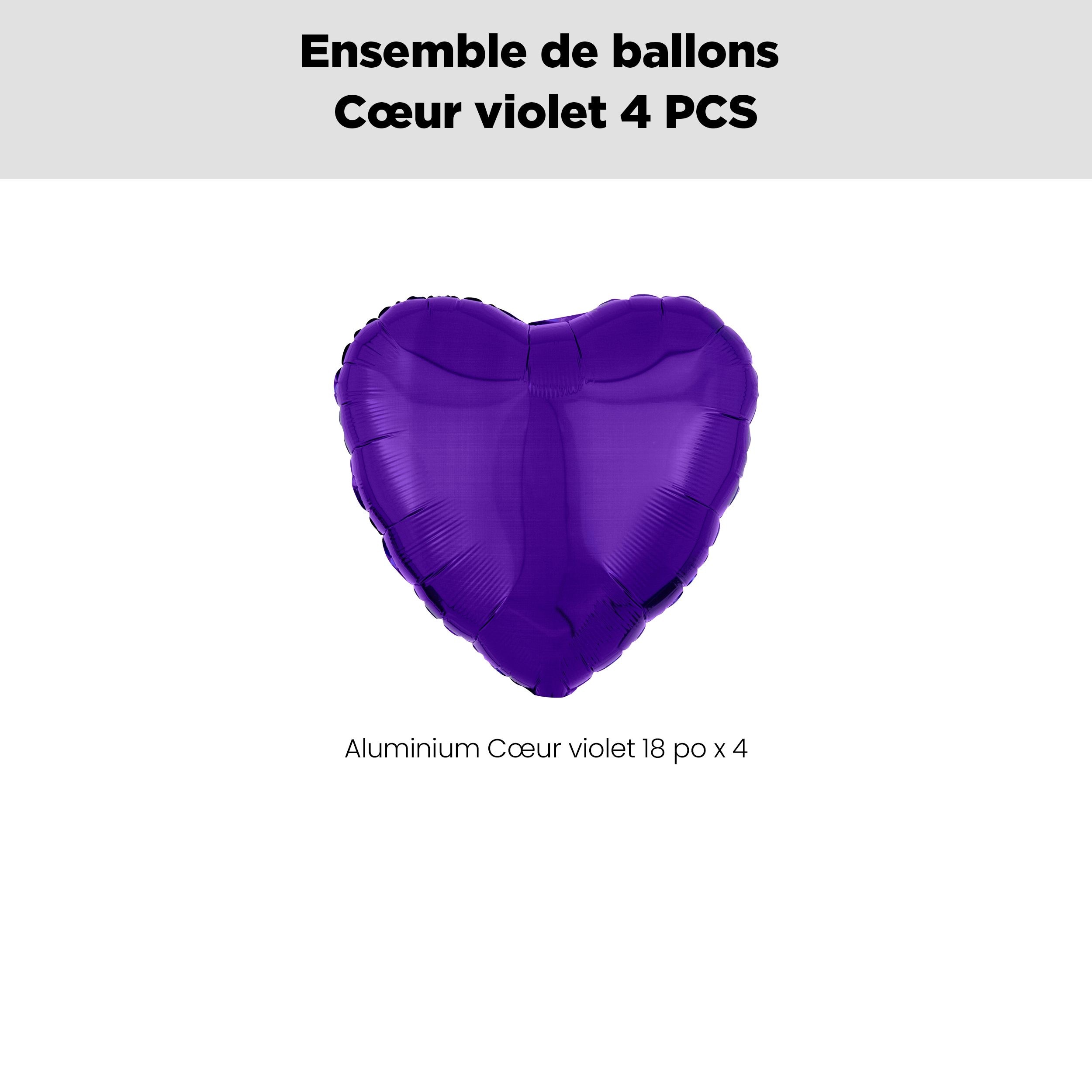Bouquet de ballons en aluminium en forme de cœur, violet, paq.&nbsp;4, cœur, gonflage hélium et ruban compris pour anniversaire/occasion spéciale Front_Flat
