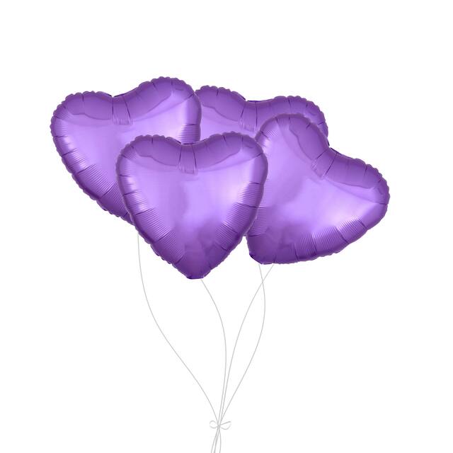 Bouquet de ballons en aluminium en forme de cœur, lavande, paq.&nbsp;4, gonflage à l'hélium et ruban inclus pour anniversaire ou occasion spéciale Front_Flat