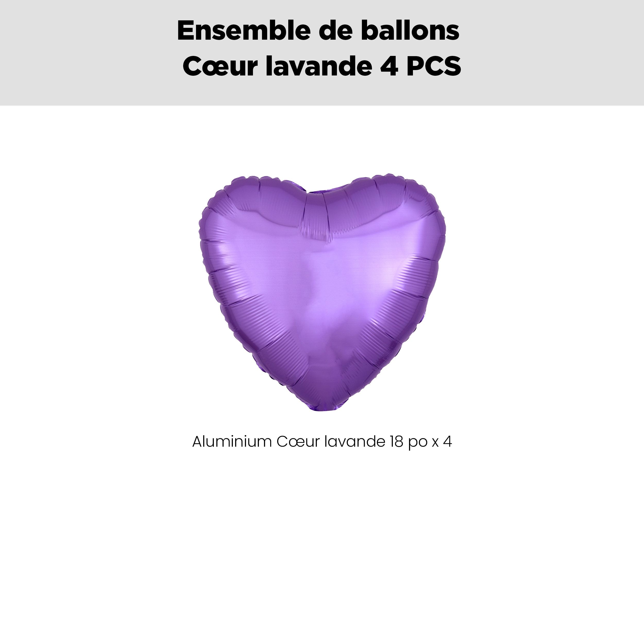 Bouquet de ballons en aluminium en forme de cœur, lavande, paq.&nbsp;4, gonflage à l'hélium et ruban inclus pour anniversaire ou occasion spéciale Front_Flat