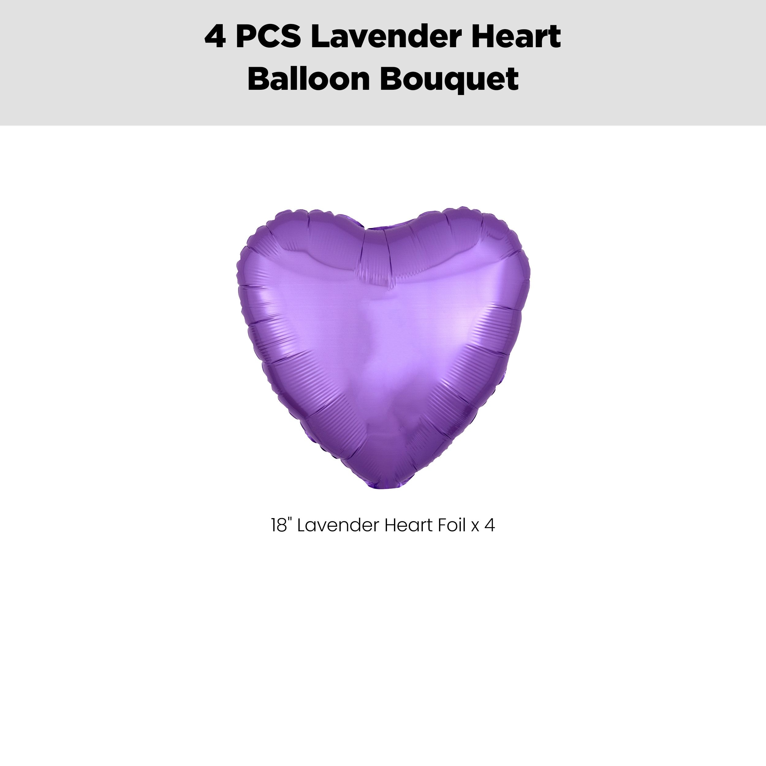 Heart Foil Balloon Bouquet, Lavender, 4-pk, Helium Inflation & Ribbon Included for Birthday/Special Occasion Front_Flat