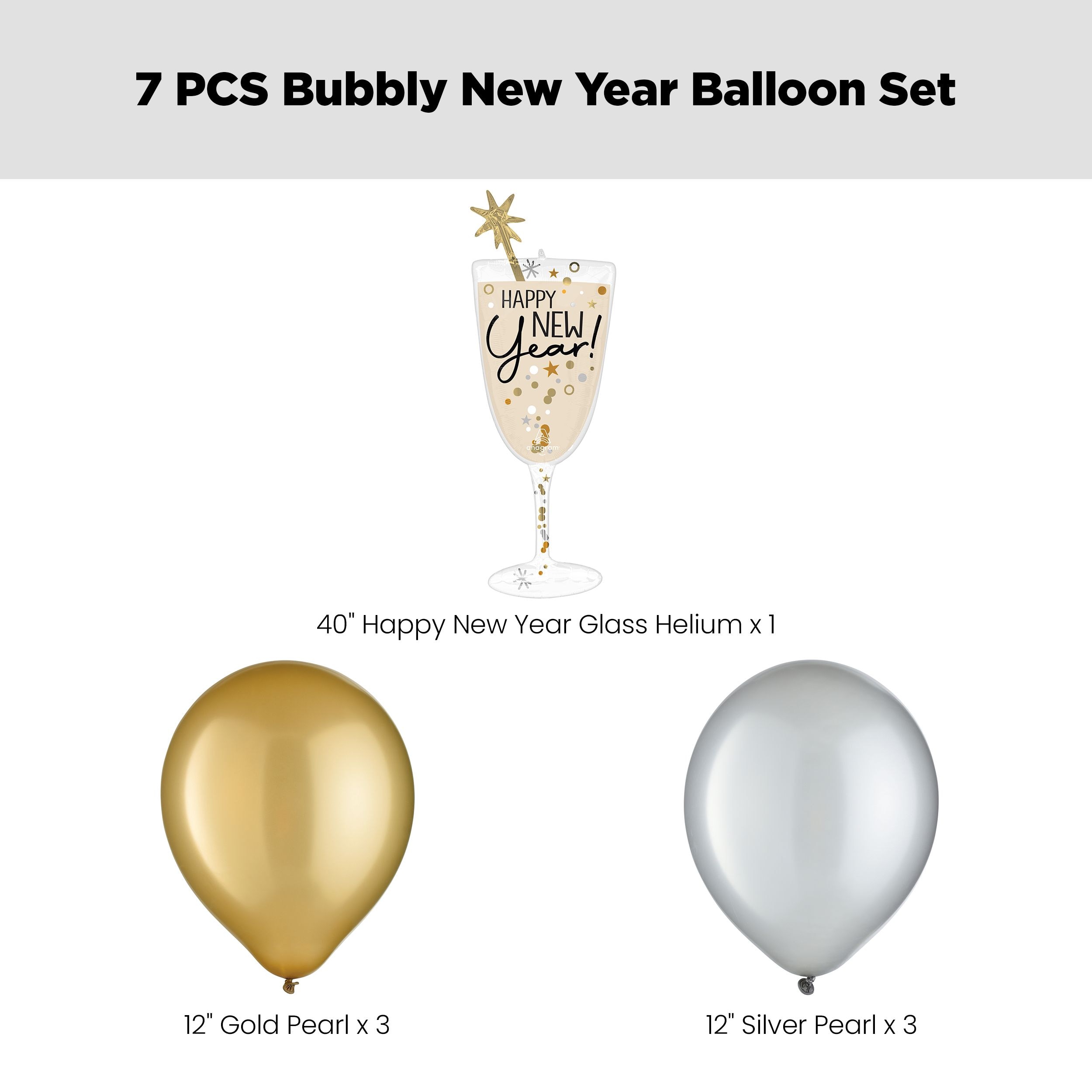 "Happy New Year" Champagne Glass Satin Foil Supershape Balloon Bouquet with Pearl Latex Balloons, Gold/Silver, 7-pk, Helium Inflation & Ribbon Included Front_Flat