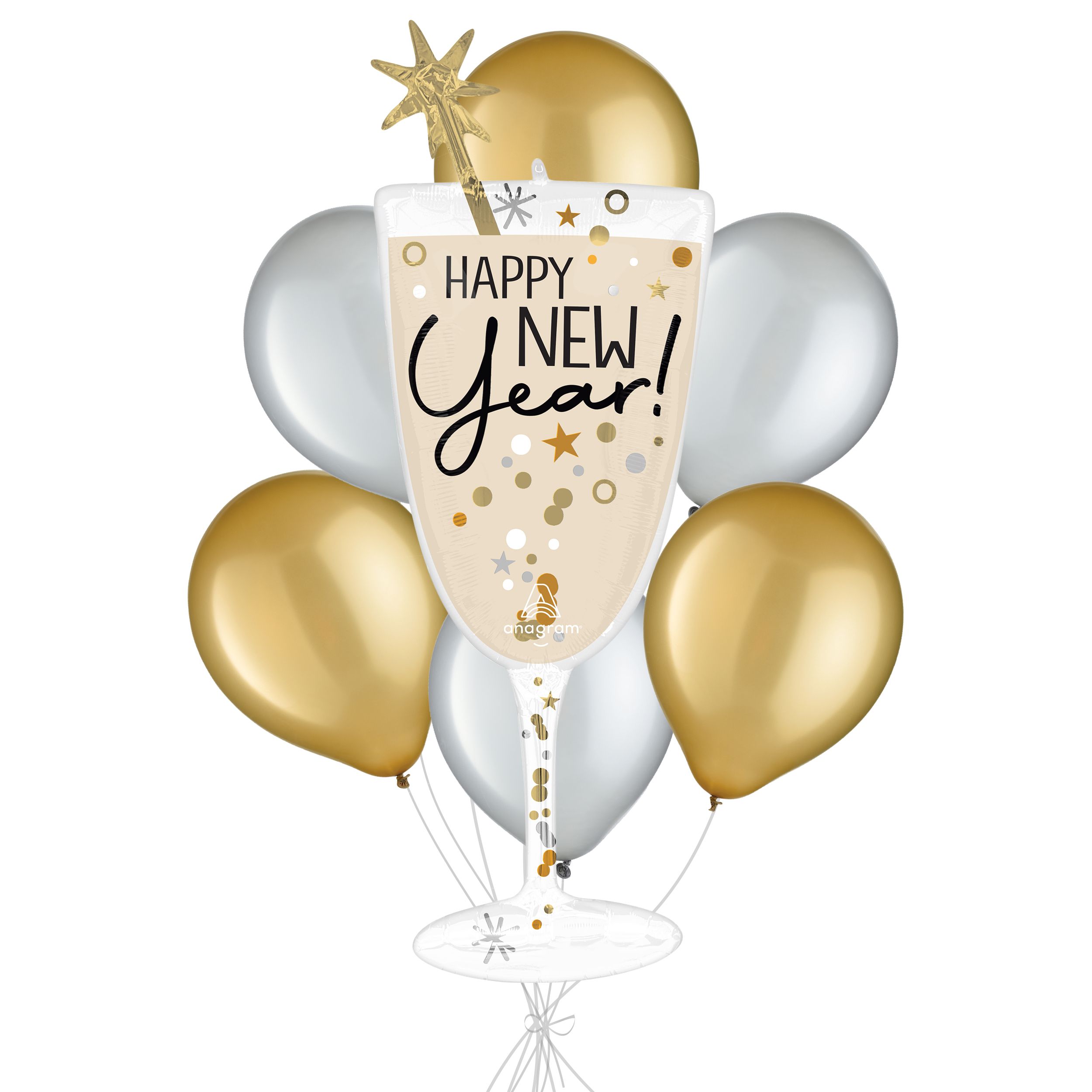 Bouquet de ballons géants à effet métallique satiné verres à champagne Happy New Year avec ballons en latex nacrés, doré/argenté, paq. 7, gonflage à l’hélium et ruban inclus Front_Flat