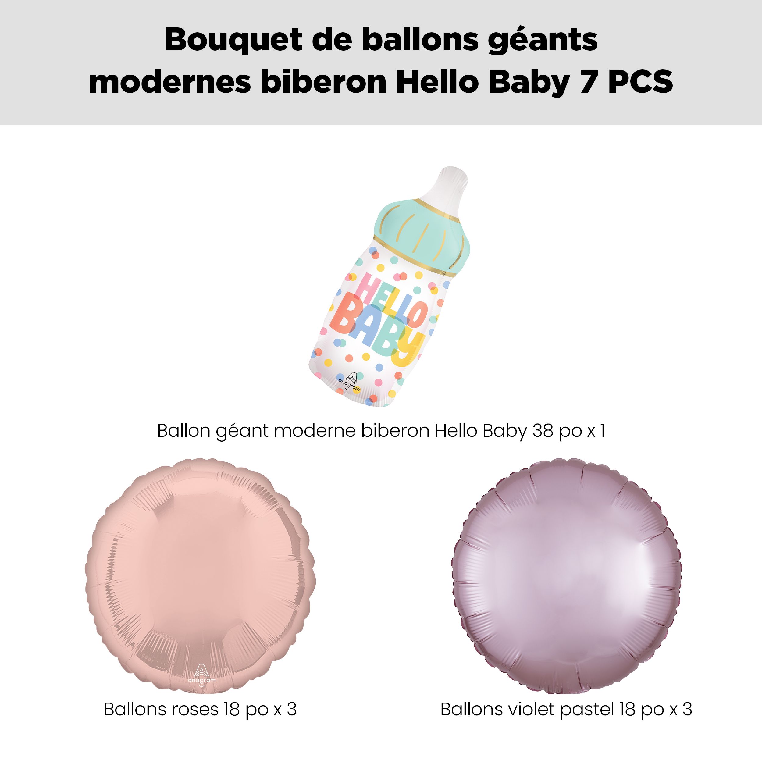 Bouquet de ballons avec ballon Supershape « Hello Baby » en forme de biberon et ballons ronds en aluminium, rose, rose pastel, paq. 7, gonflage à l’hélium et ruban compris Front_Flat