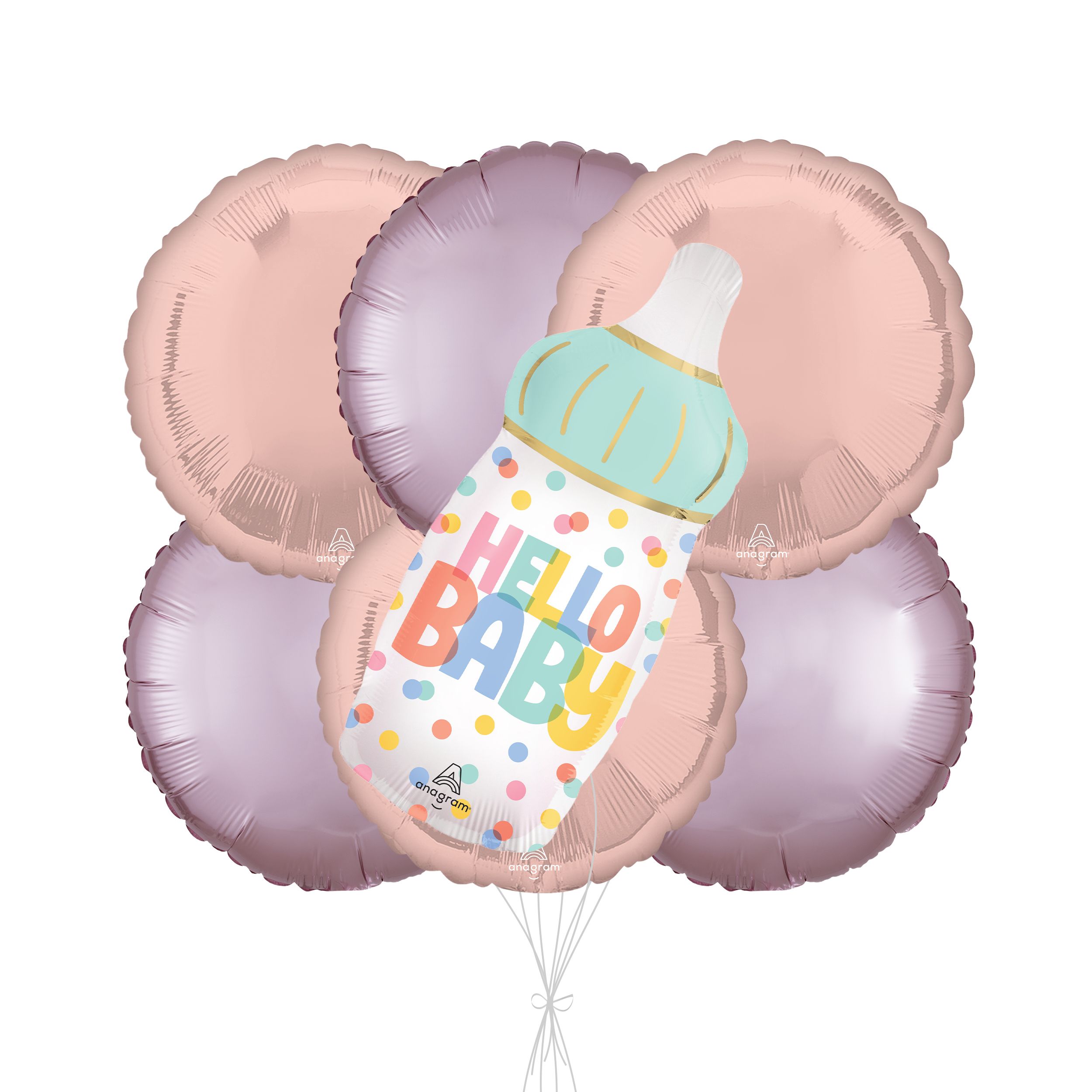 Bouquet de ballons avec ballon Supershape « Hello Baby » en forme de biberon et ballons ronds en aluminium, rose, rose pastel, paq. 7, gonflage à l’hélium et ruban compris Front_Flat