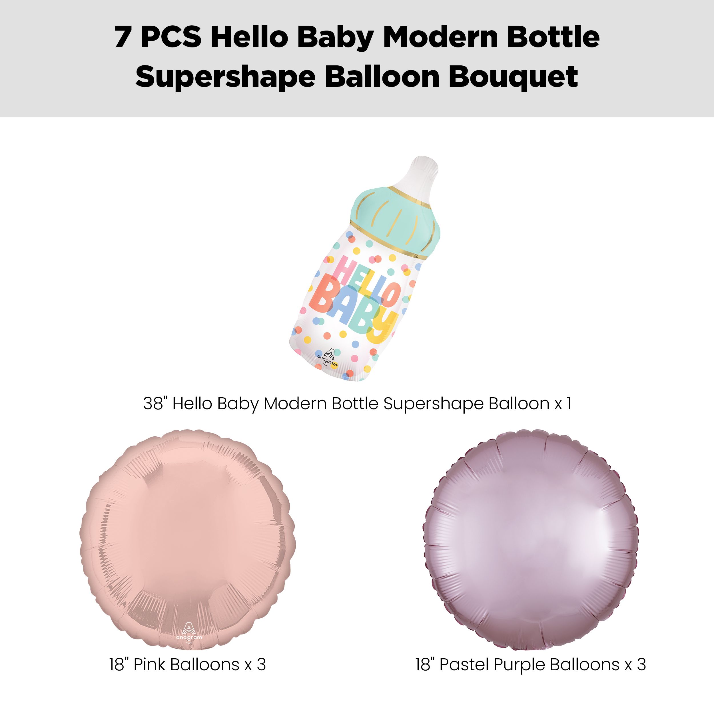 "Hello Baby" Newborn Bottle Supershape Balloon Bouquet with Round Foil Balloons, Pink/Pastel Pink, 7-pk, Helium Inflation & Ribbon Included Front_Flat