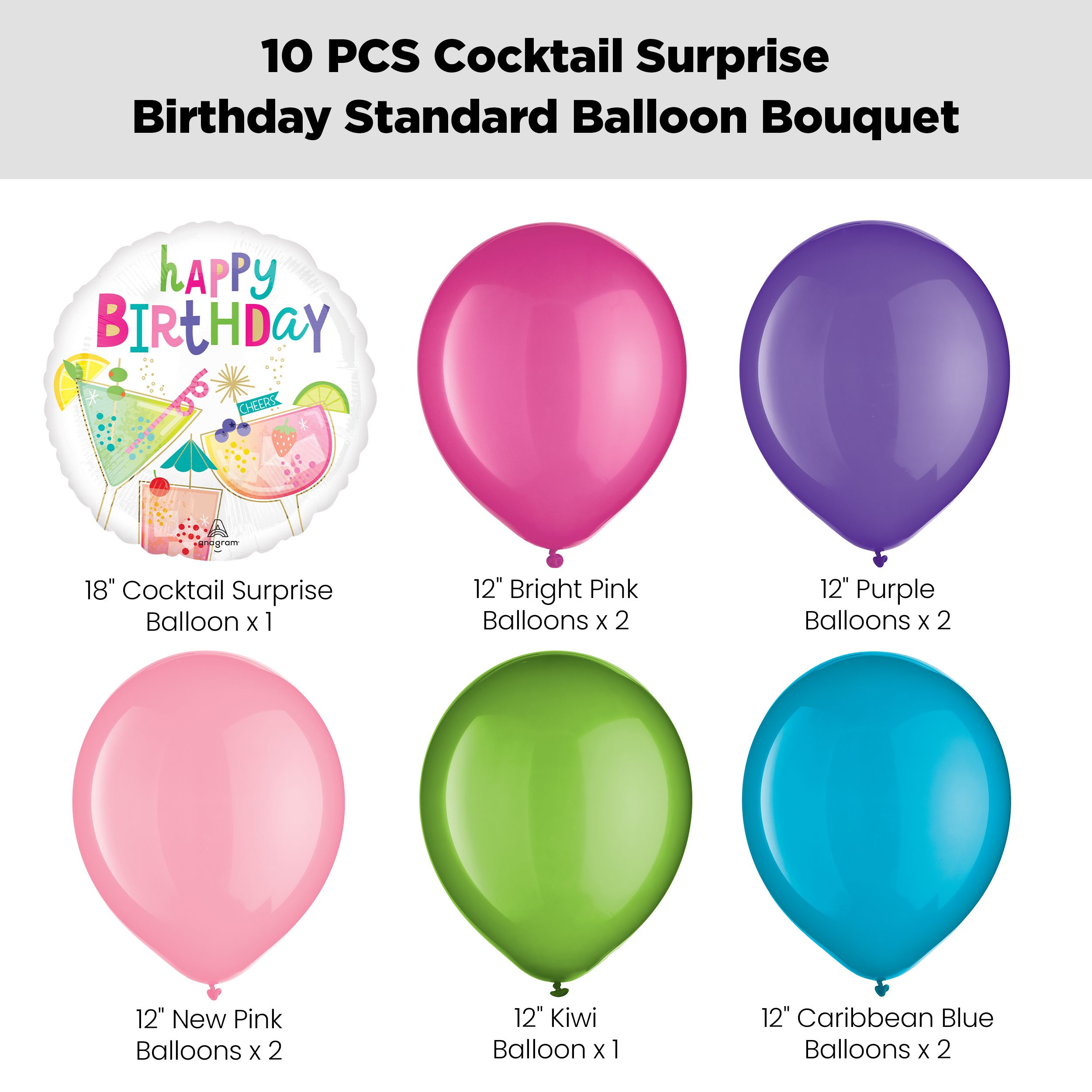 "Happy Birthday" Cocktail Surprise Birthday Balloon Bouquet with Latex Balloons, Pink/Kiwi/Purple/Blue, 10-pk, Helium Inflation & Ribbon Included Front_Flat